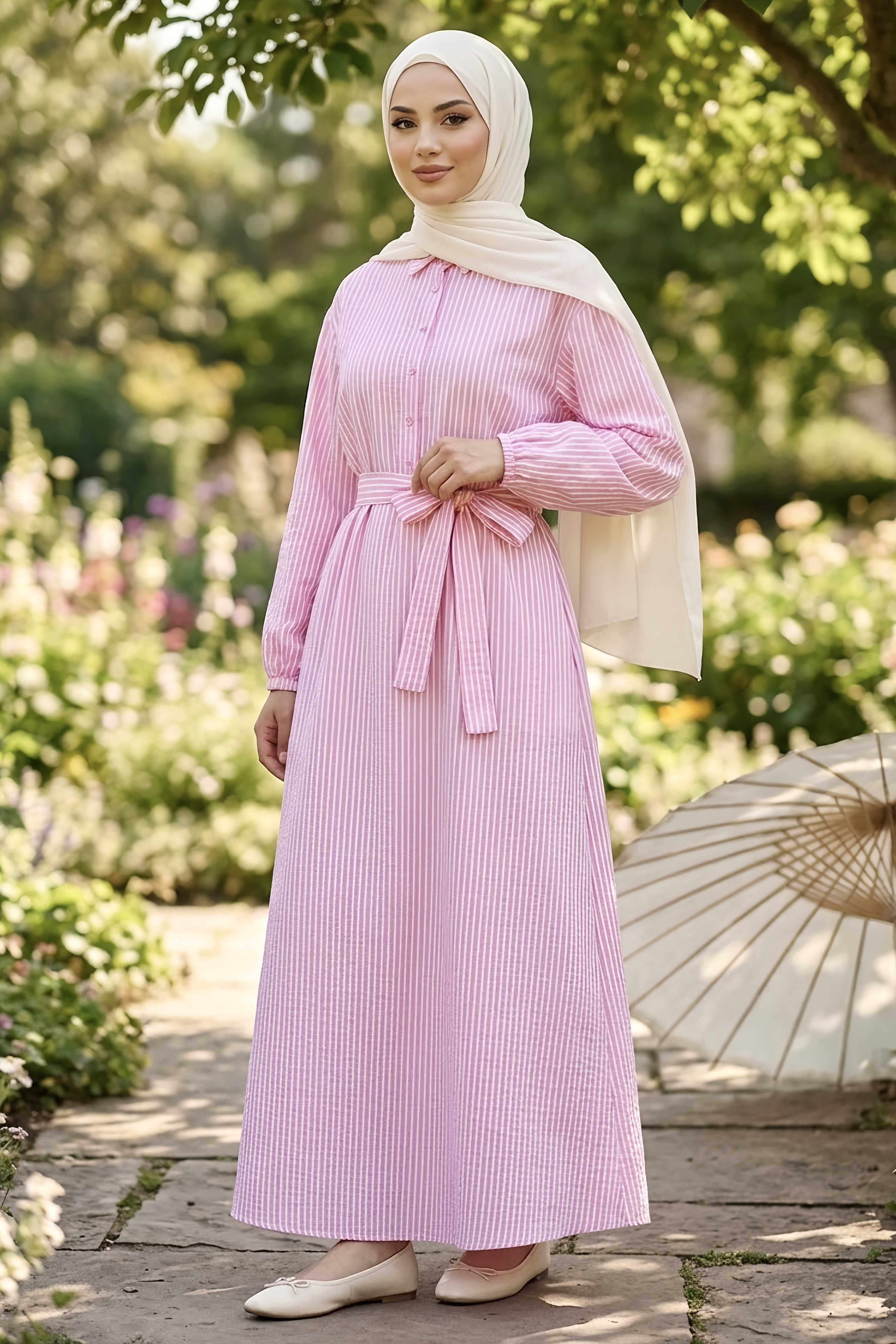 Çizgili Lastik Detaylı Elbise Pembe - 1331-PEMBE - 1