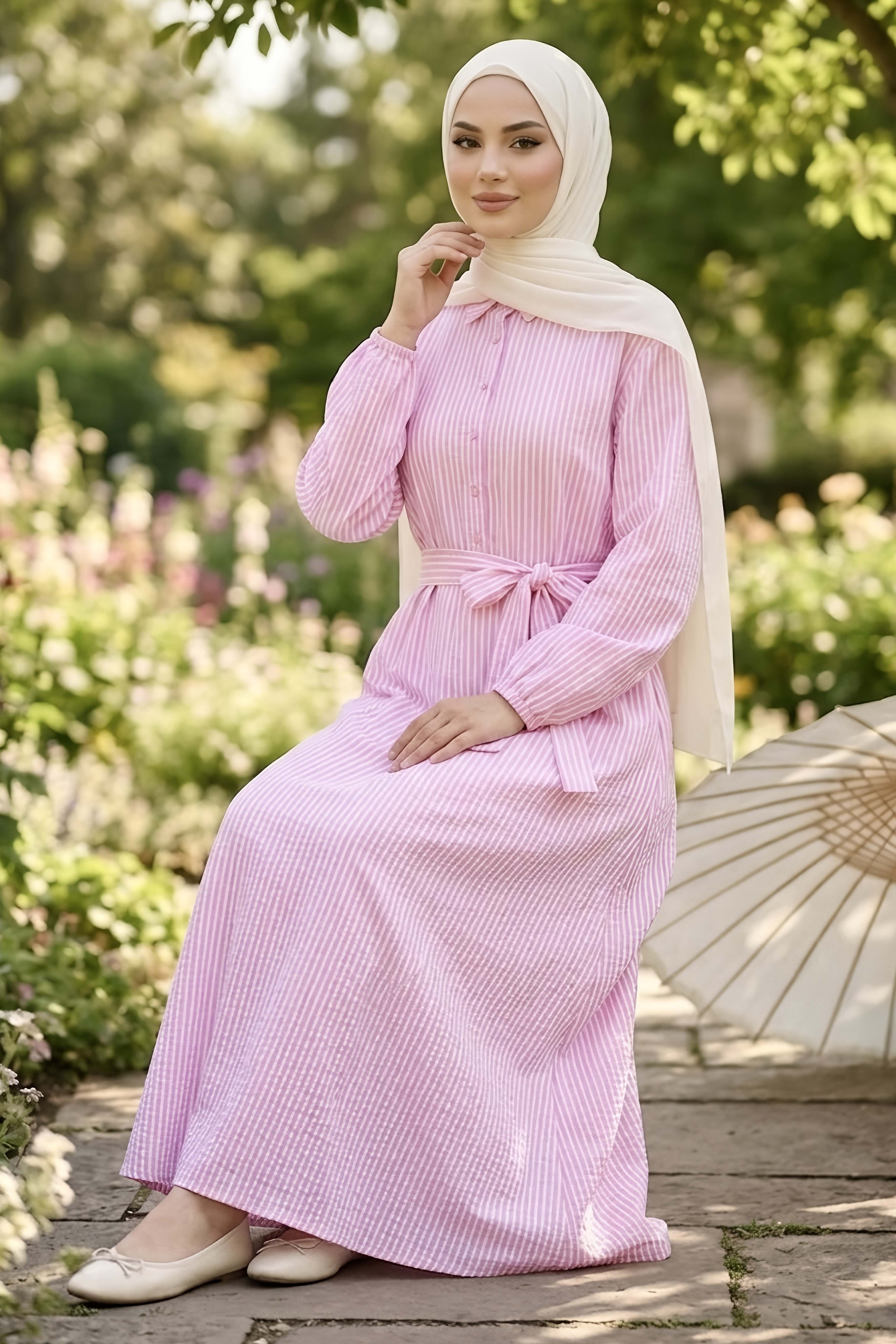 Çizgili Lastik Detaylı Elbise Pembe - 1331-PEMBE - 2
