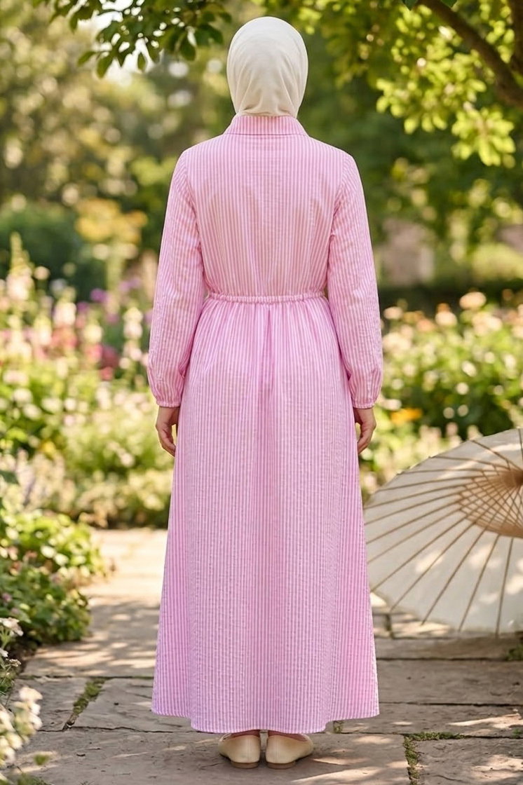 Çizgili Lastik Detaylı Elbise Pembe - 1331-PEMBE - 3