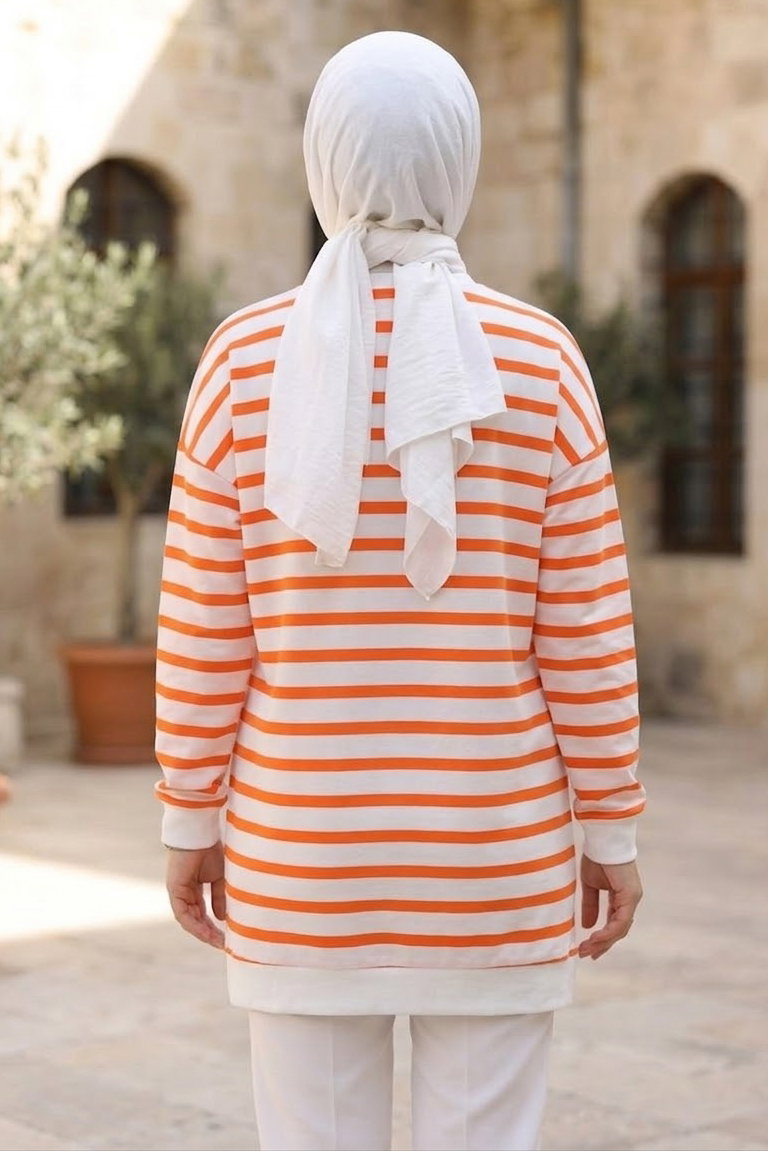 Çizgili Manşet Detatlı Tunik Oranj - 2151-ORANJ - 3