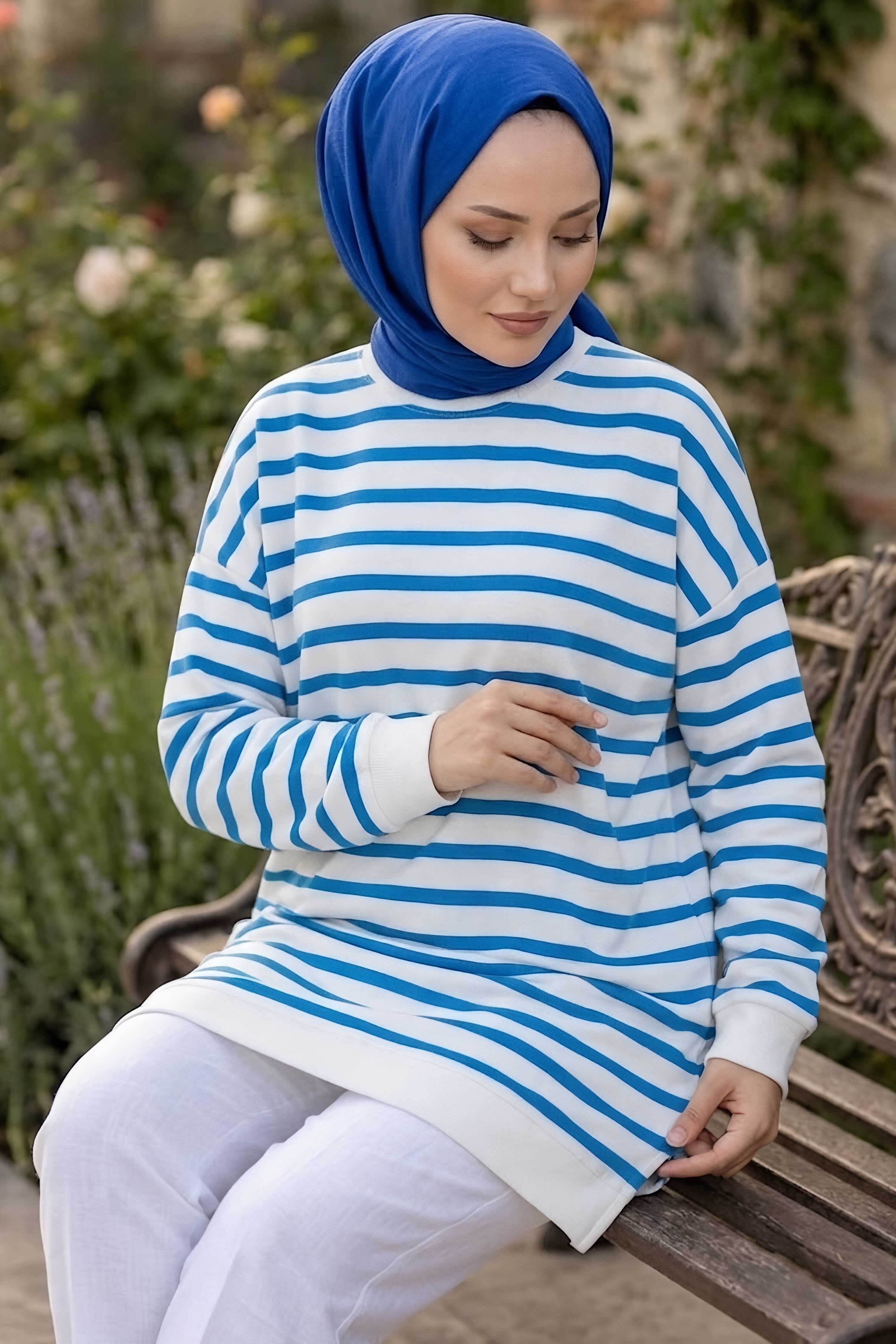 Çizgili Manşet Detatlı Tunik Saks - 2151-SAKS - 1
