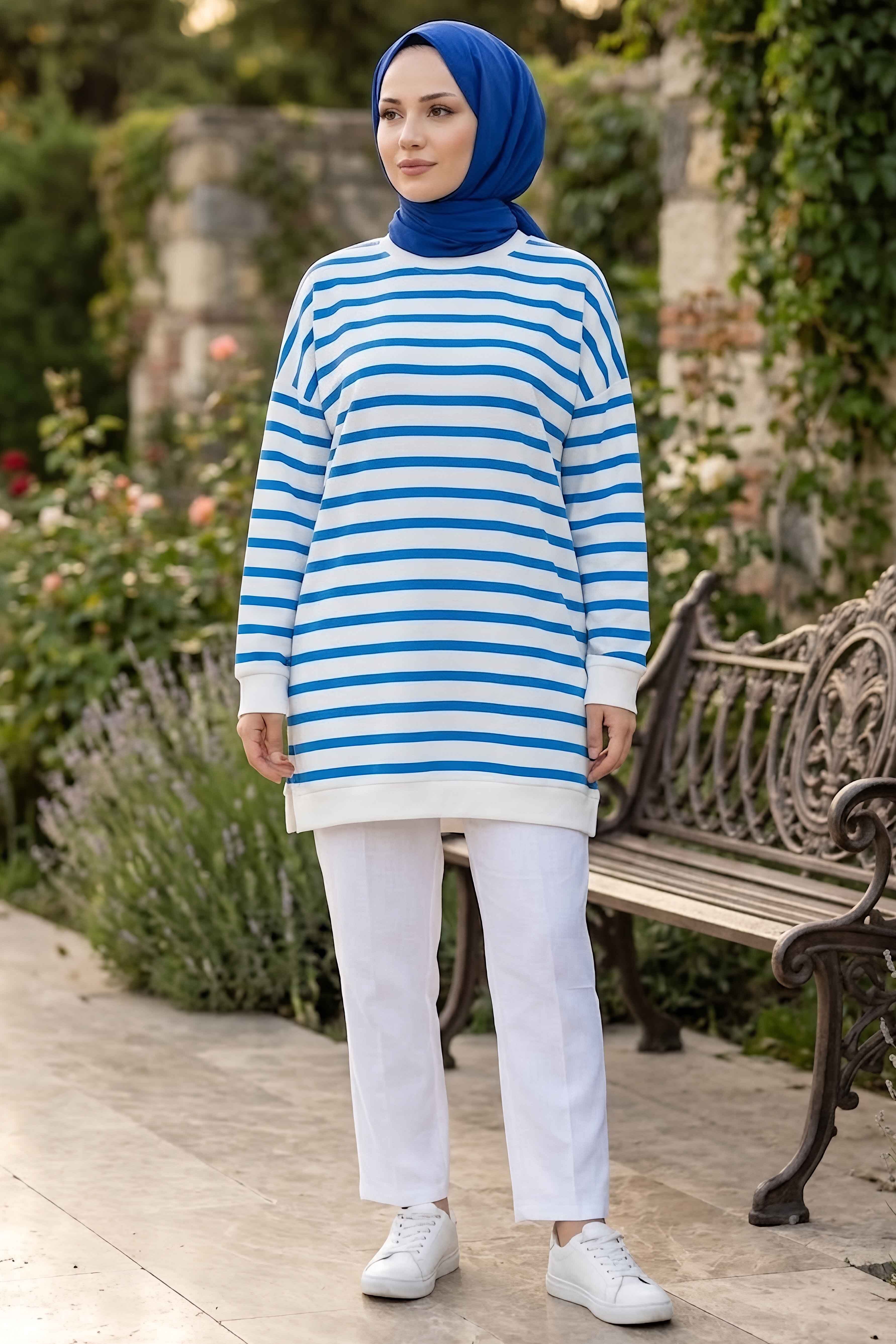 Çizgili Manşet Detatlı Tunik Saks - 2151-SAKS - 2