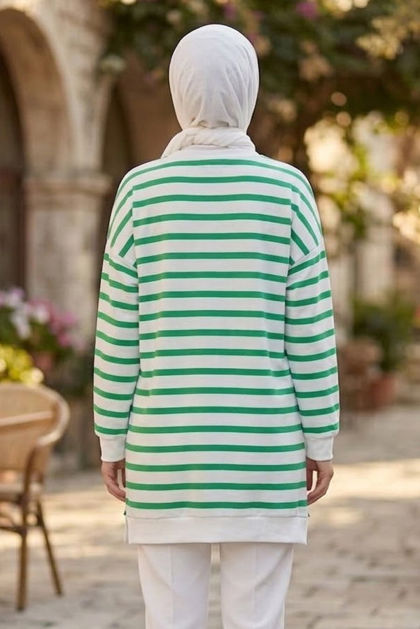 Çizgili Manşet Detatlı Tunik Yesil - 2151-YESIL - 3