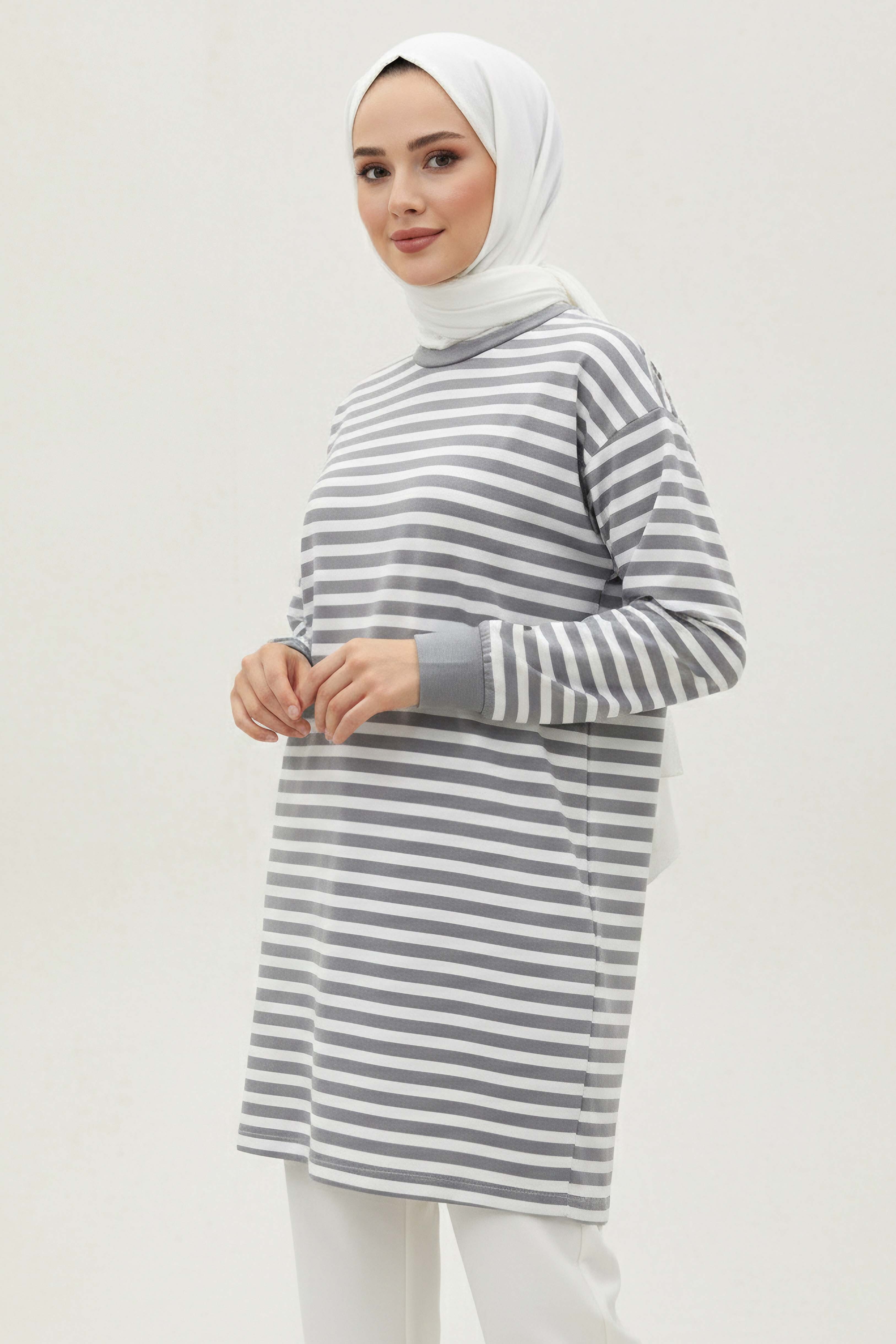 Çizgili Manşetli Tunik - 28218-GRI - 2