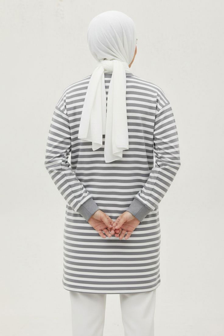 Çizgili Manşetli Tunik - 28218-GRI - 3