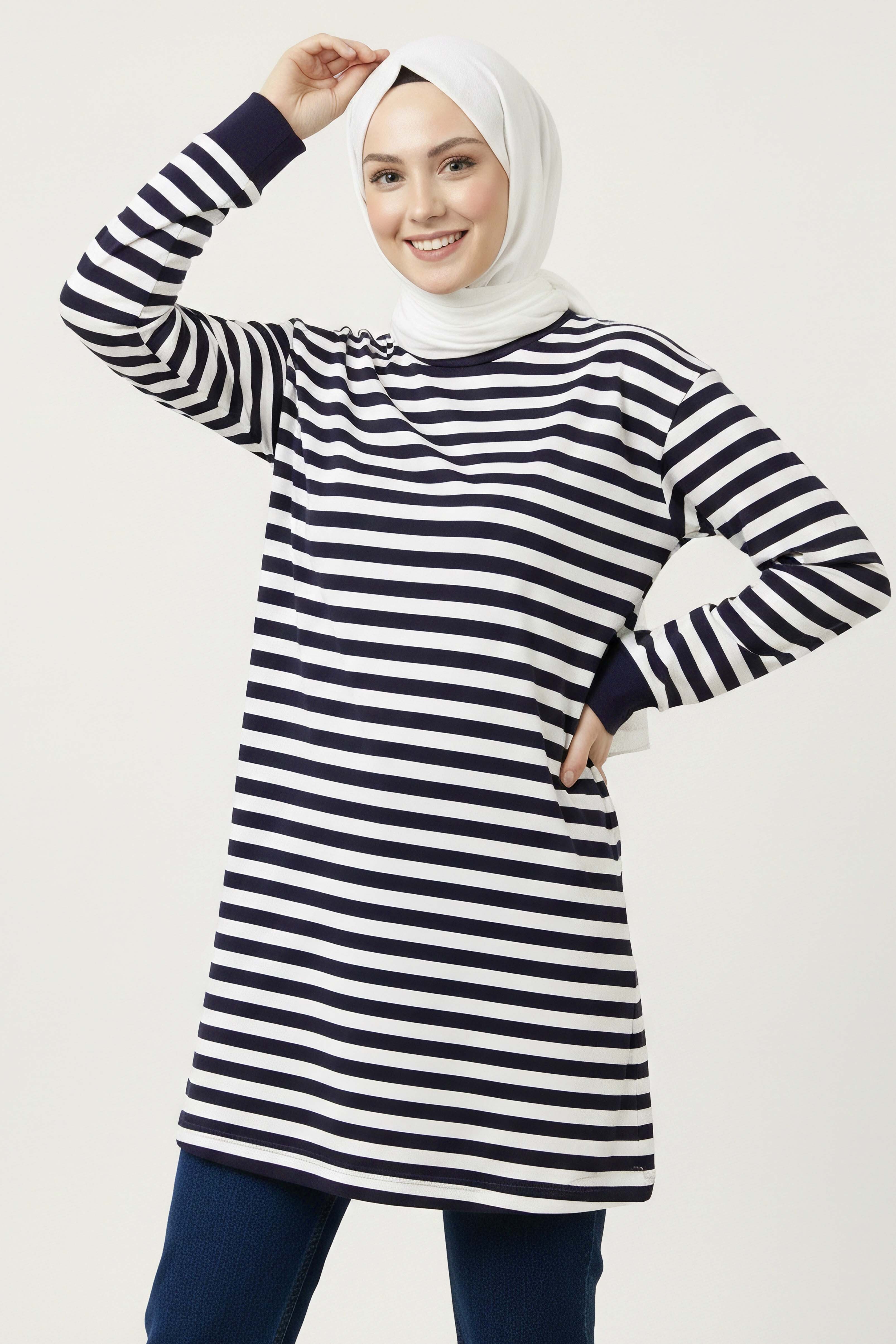 Çizgili Manşetli Tunik - 28218-LACIVERT - 1