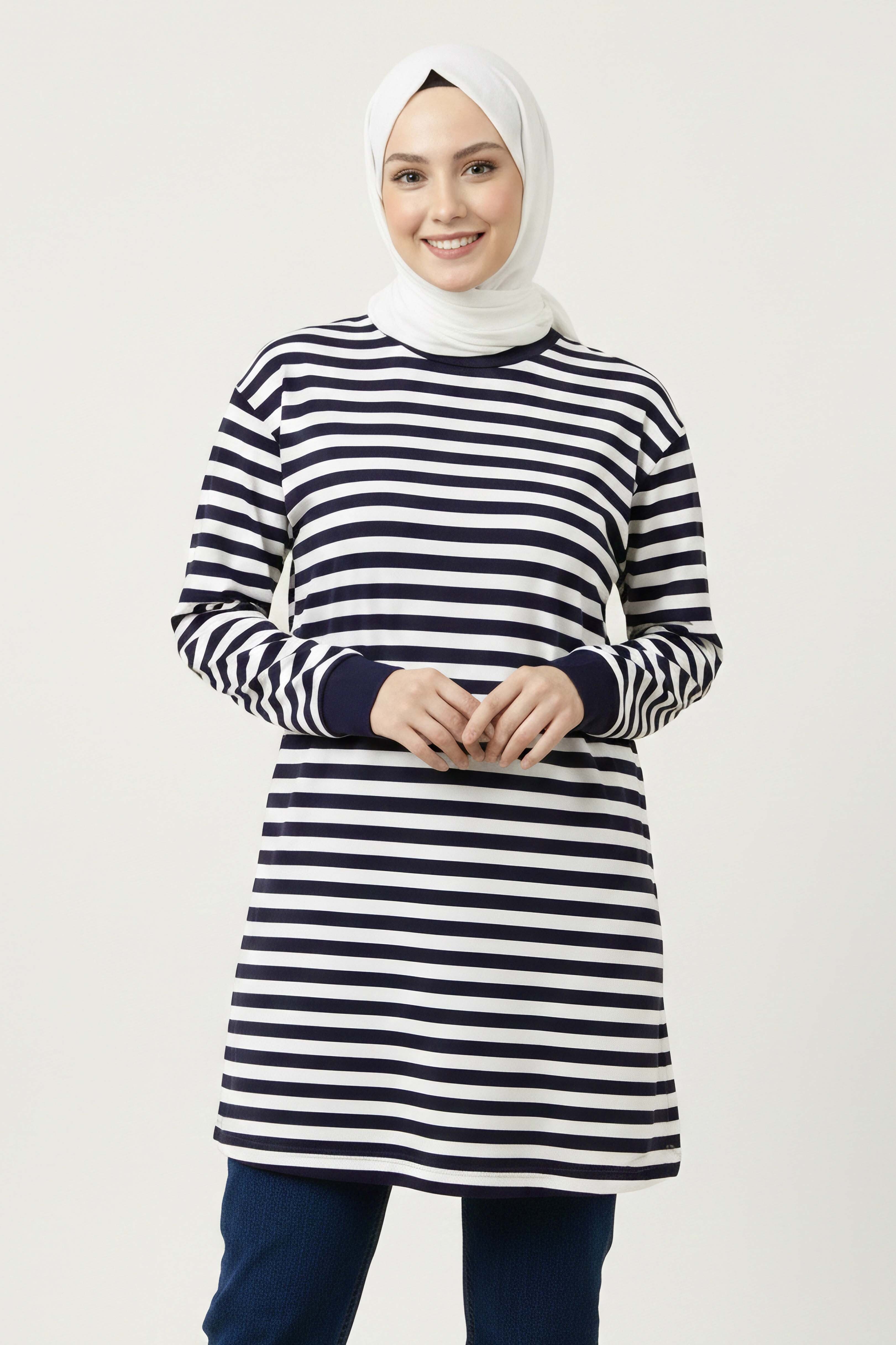 Çizgili Manşetli Tunik - 28218-LACIVERT - 2
