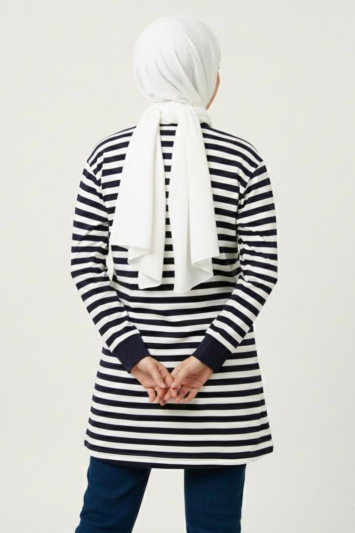 Çizgili Manşetli Tunik - 28218-LACIVERT - 3