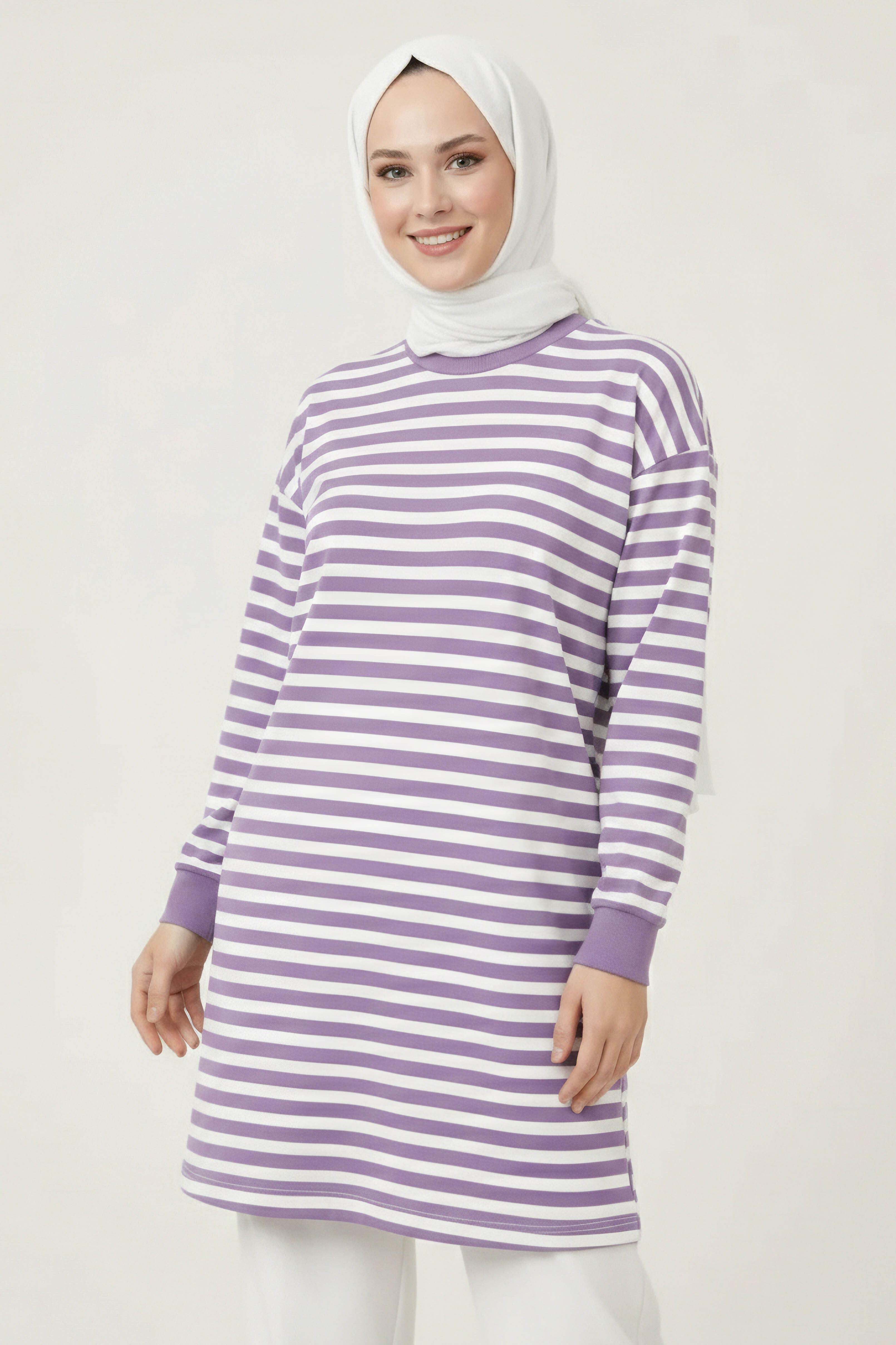 Çizgili Manşetli Tunik - 28218-LILA - 1