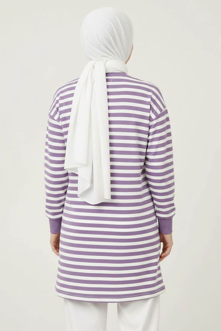 Çizgili Manşetli Tunik - 28218-LILA - 3