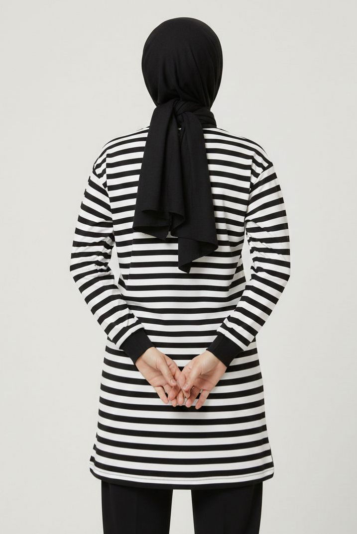 Çizgili Manşetli Tunik - 28218-SIYAH - 4