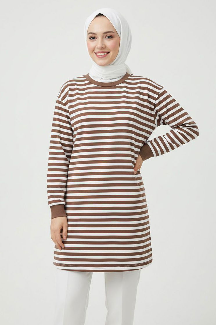 Çizgili Manşetli Tunik - 28218-VIZON - 1
