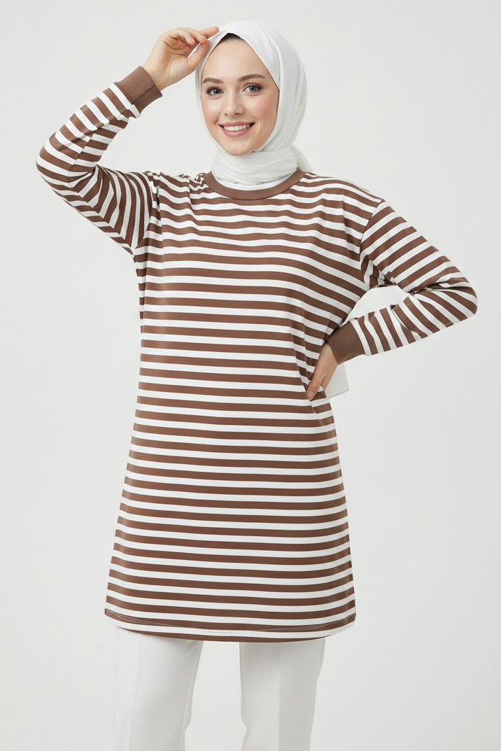 Çizgili Manşetli Tunik - 28218-VIZON - 2
