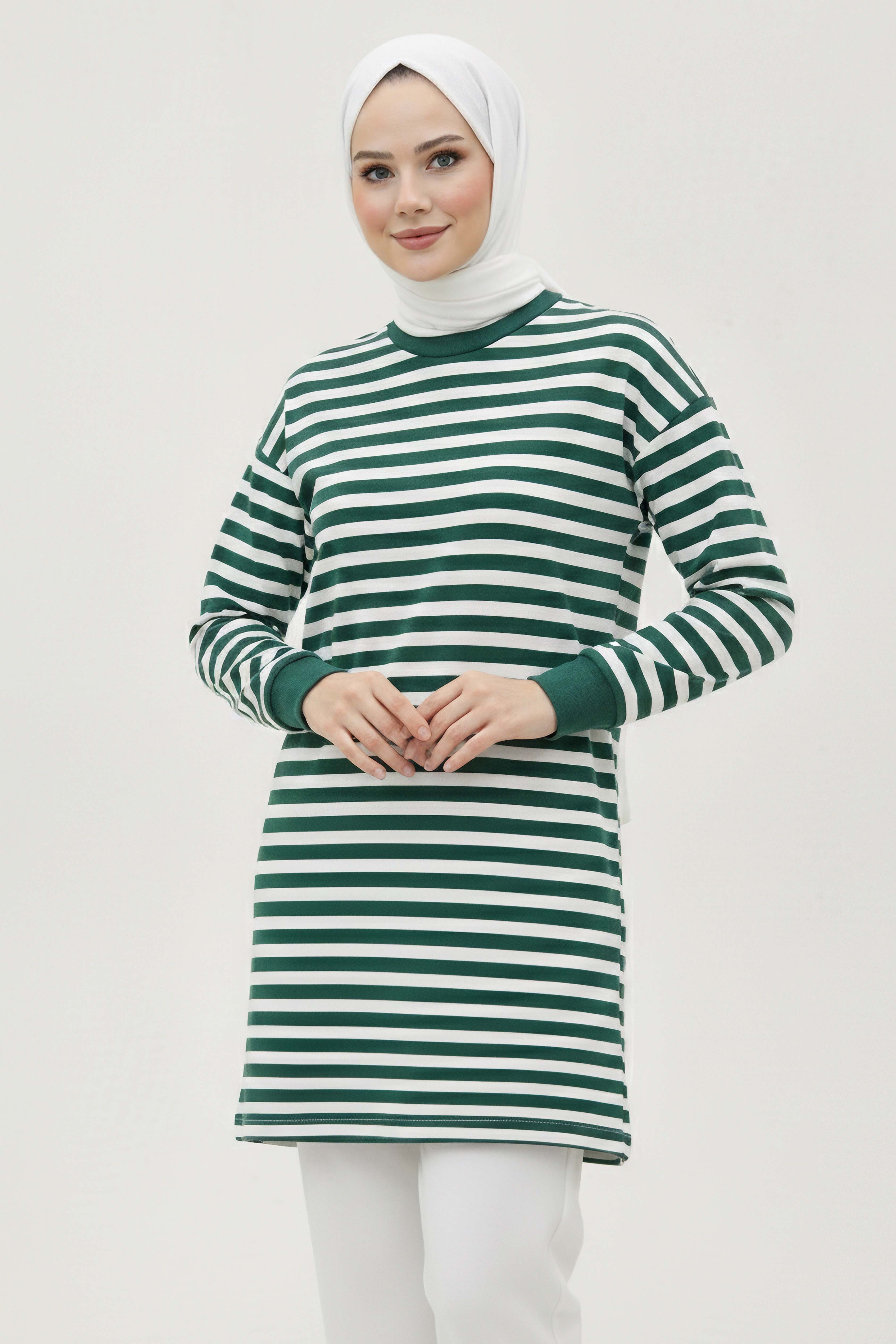 Çizgili Manşetli Tunik - 28218-YESIL - 1