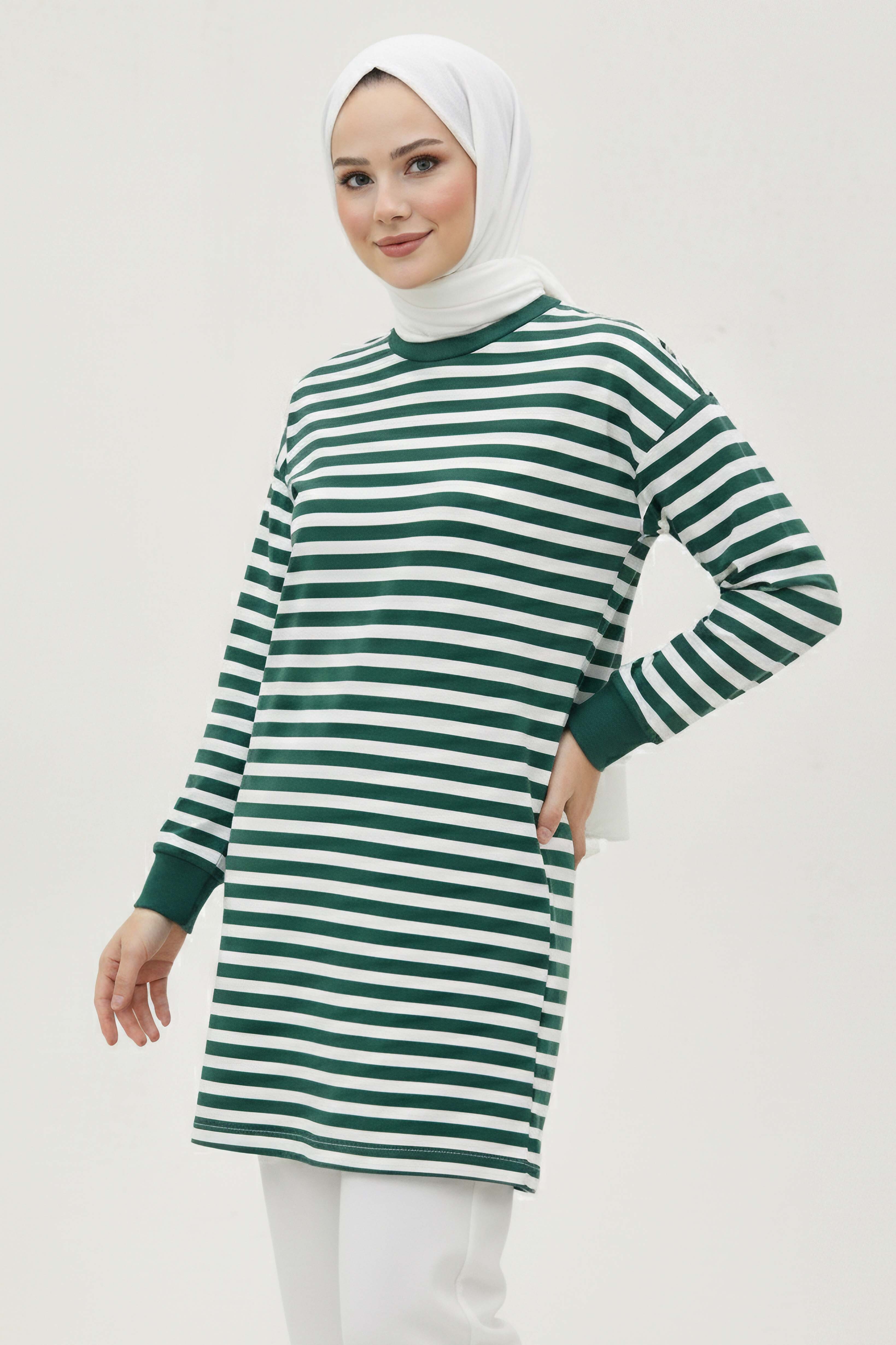 Çizgili Manşetli Tunik - 28218-YESIL - 2