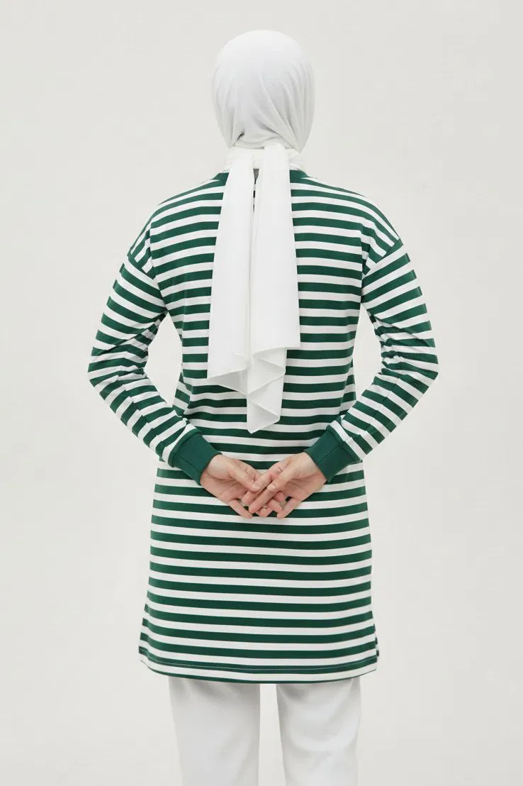 Çizgili Manşetli Tunik - 28218-YESIL - 3
