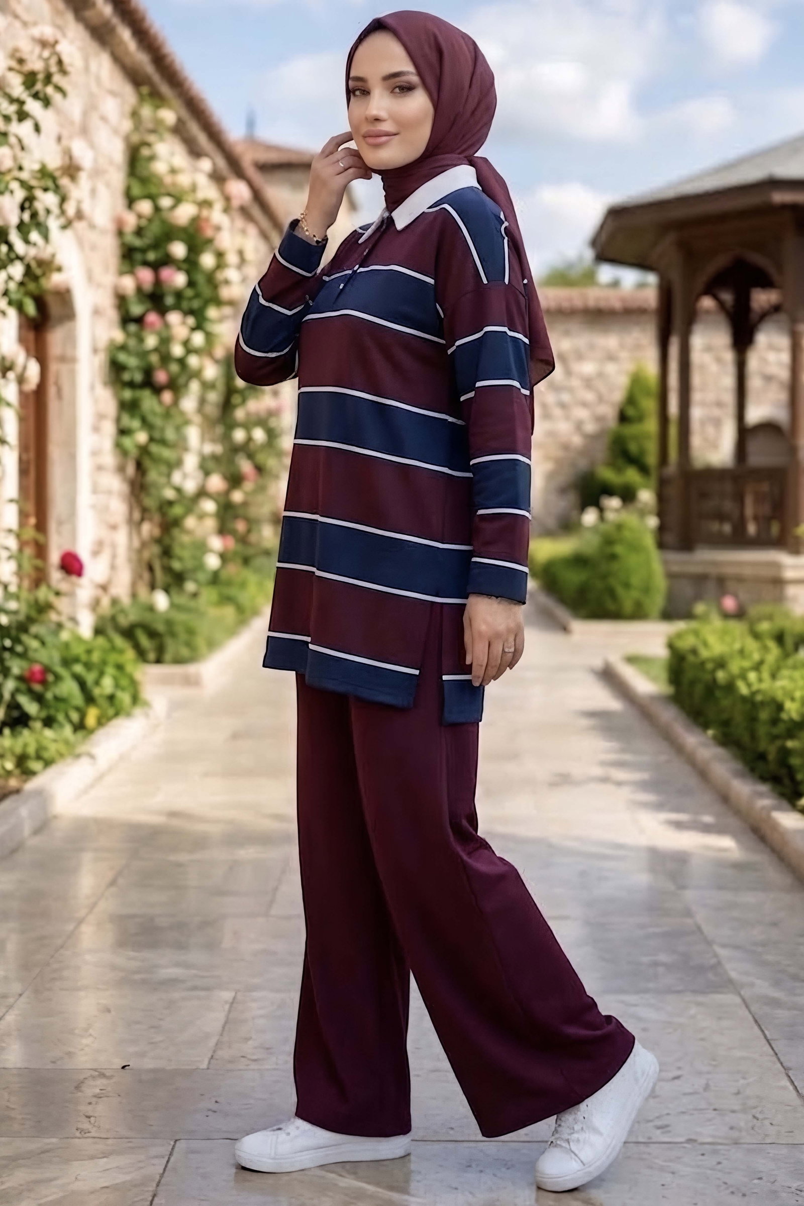 Çizgili Oysh Modal İkili Takım Mürdüm - 29056-MURDUM - 2
