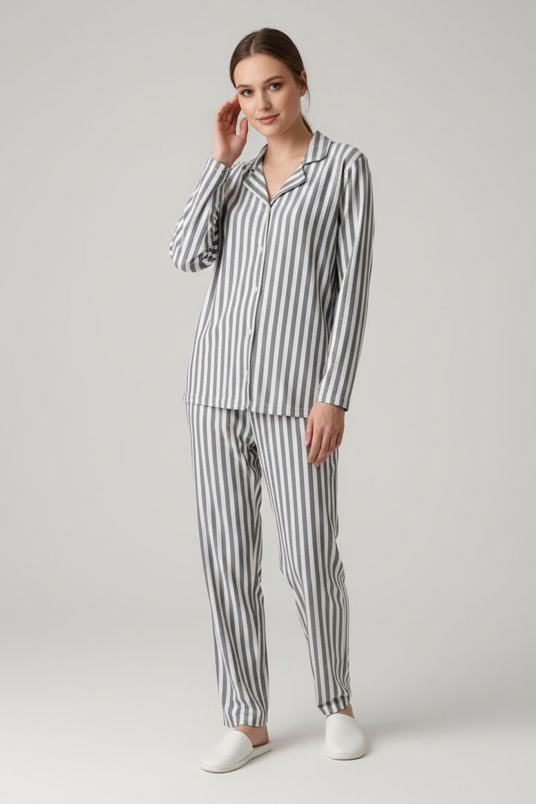 Çizgili Pijama Takımı - 27940-GRI - 1
