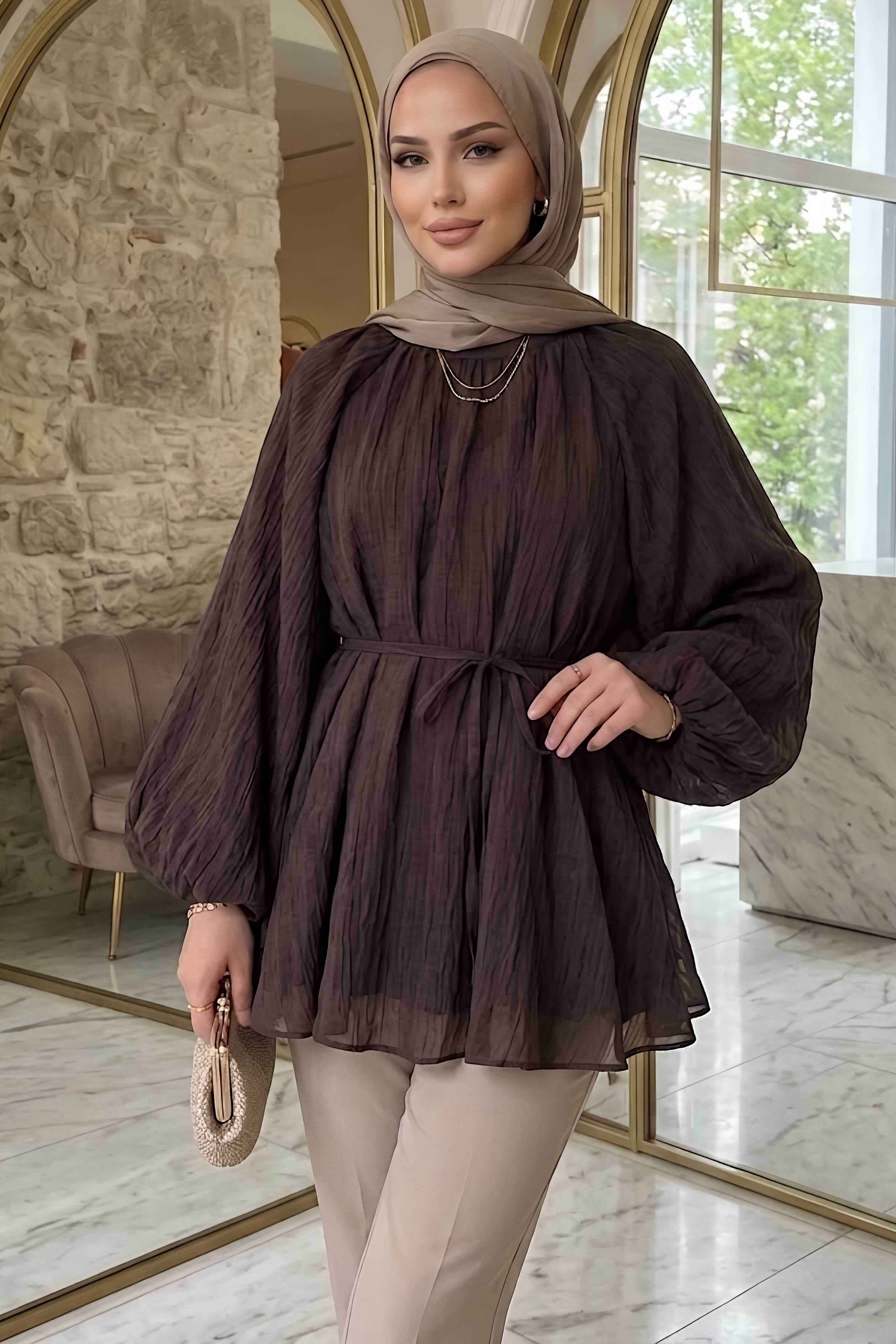 Çizgili Pileli C Yaka Tunik Kahve - 28772-KAHVE - 2