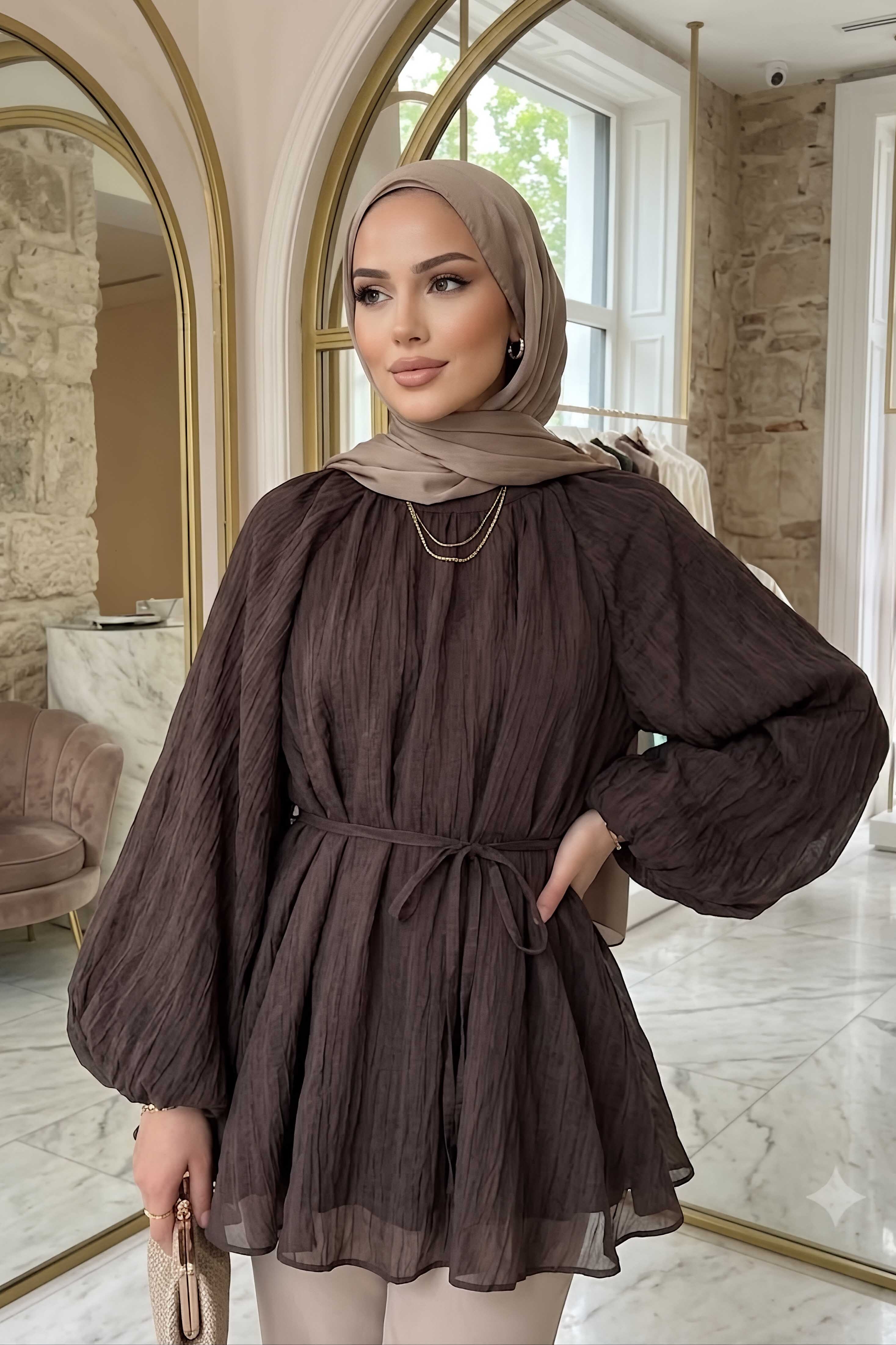 Çizgili Pileli C Yaka Tunik Kahve - 28772-KAHVE - 1