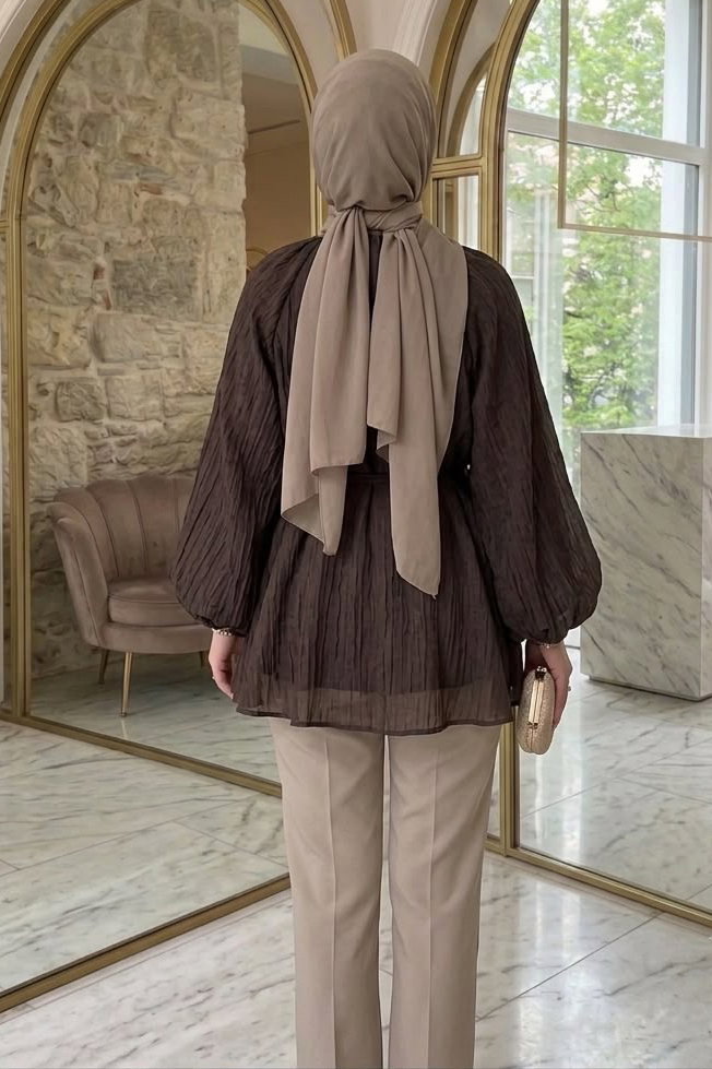 Çizgili Pileli C Yaka Tunik Kahve - 28772-KAHVE - 3