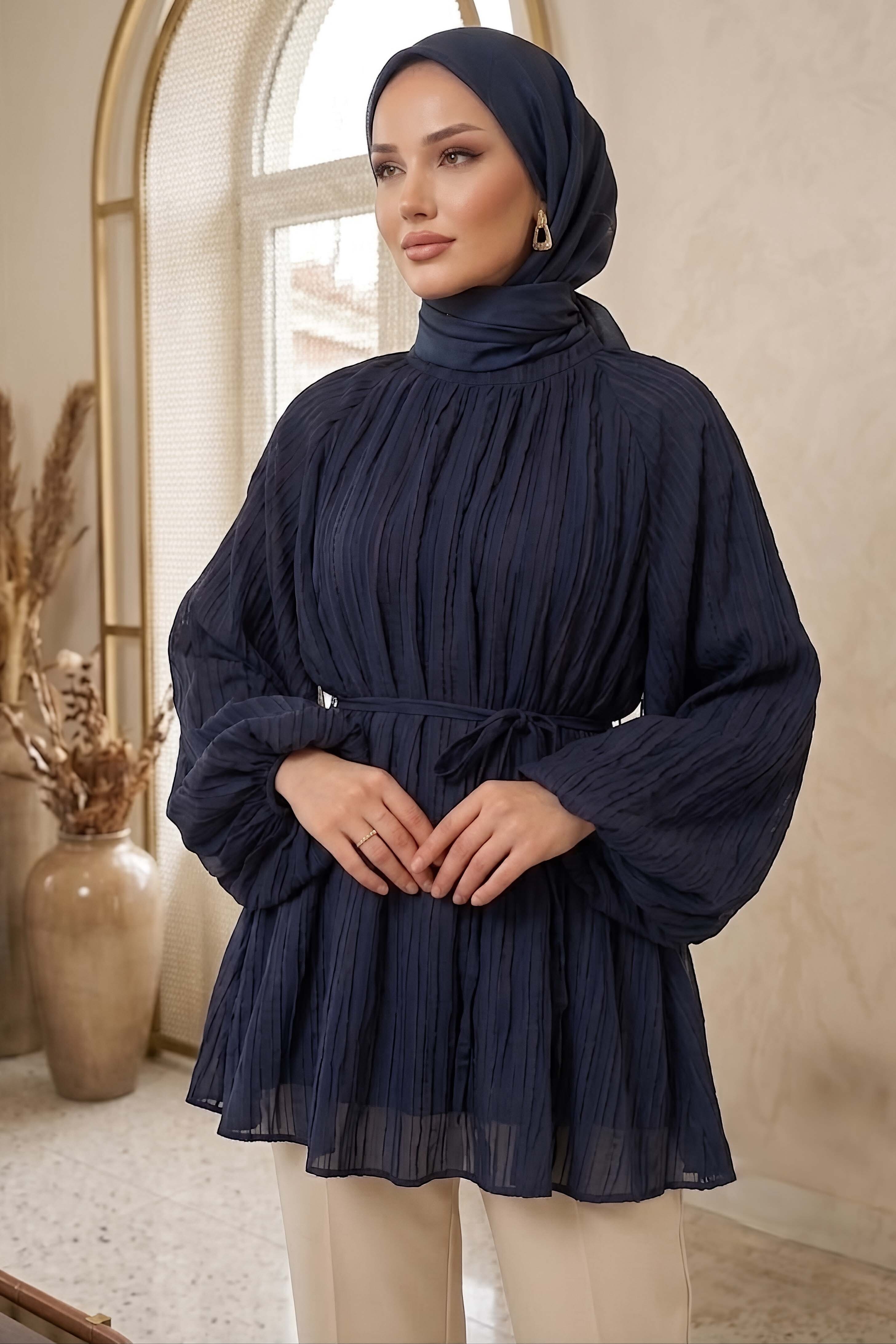 Çizgili Pileli C Yaka Tunik Lacivert - 28772-LACIVERT - 1
