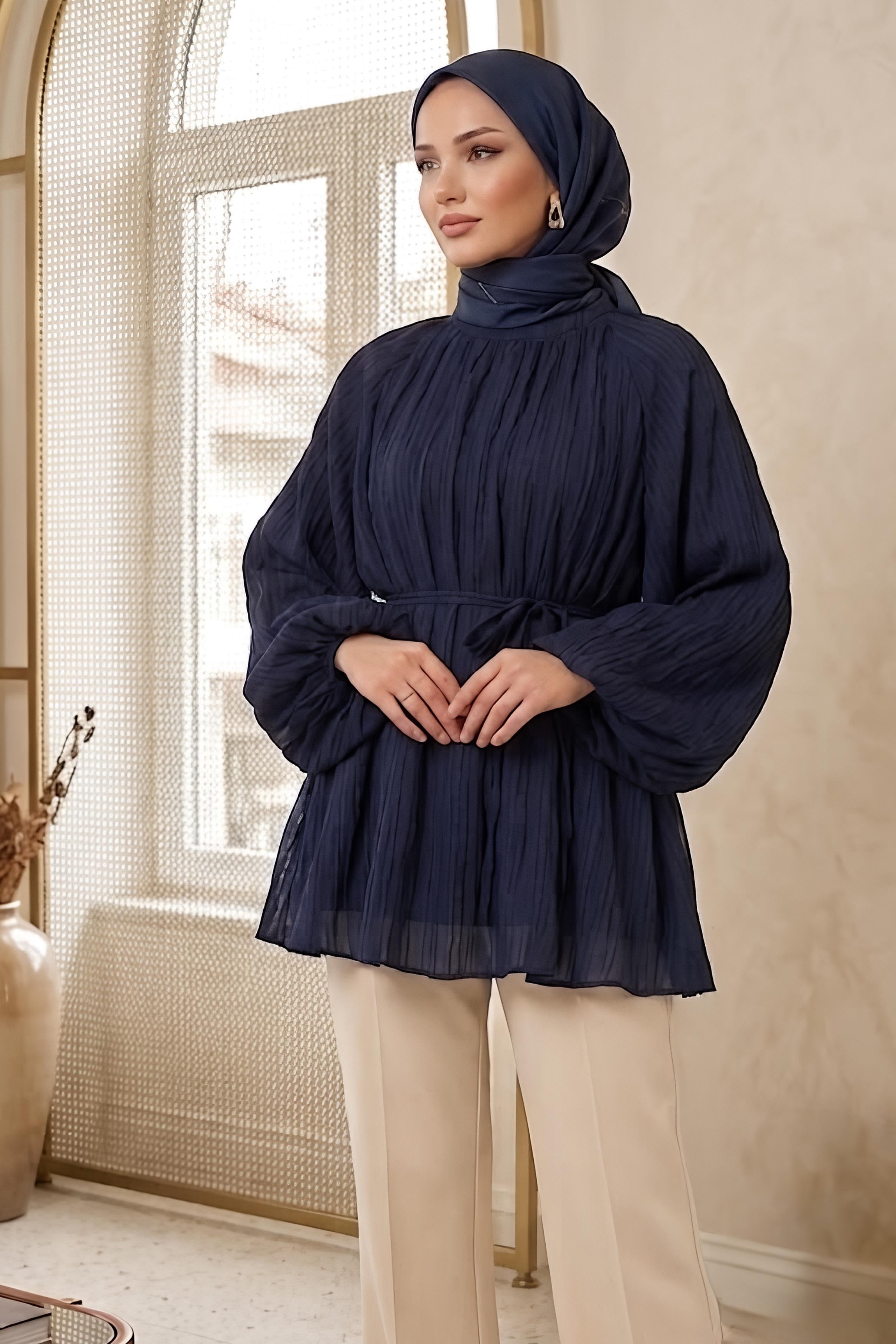 Çizgili Pileli C Yaka Tunik Lacivert - 28772-LACIVERT - 2