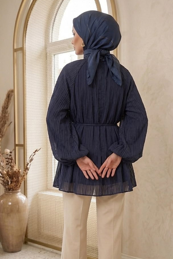 Çizgili Pileli C Yaka Tunik Lacivert - 28772-LACIVERT - 3