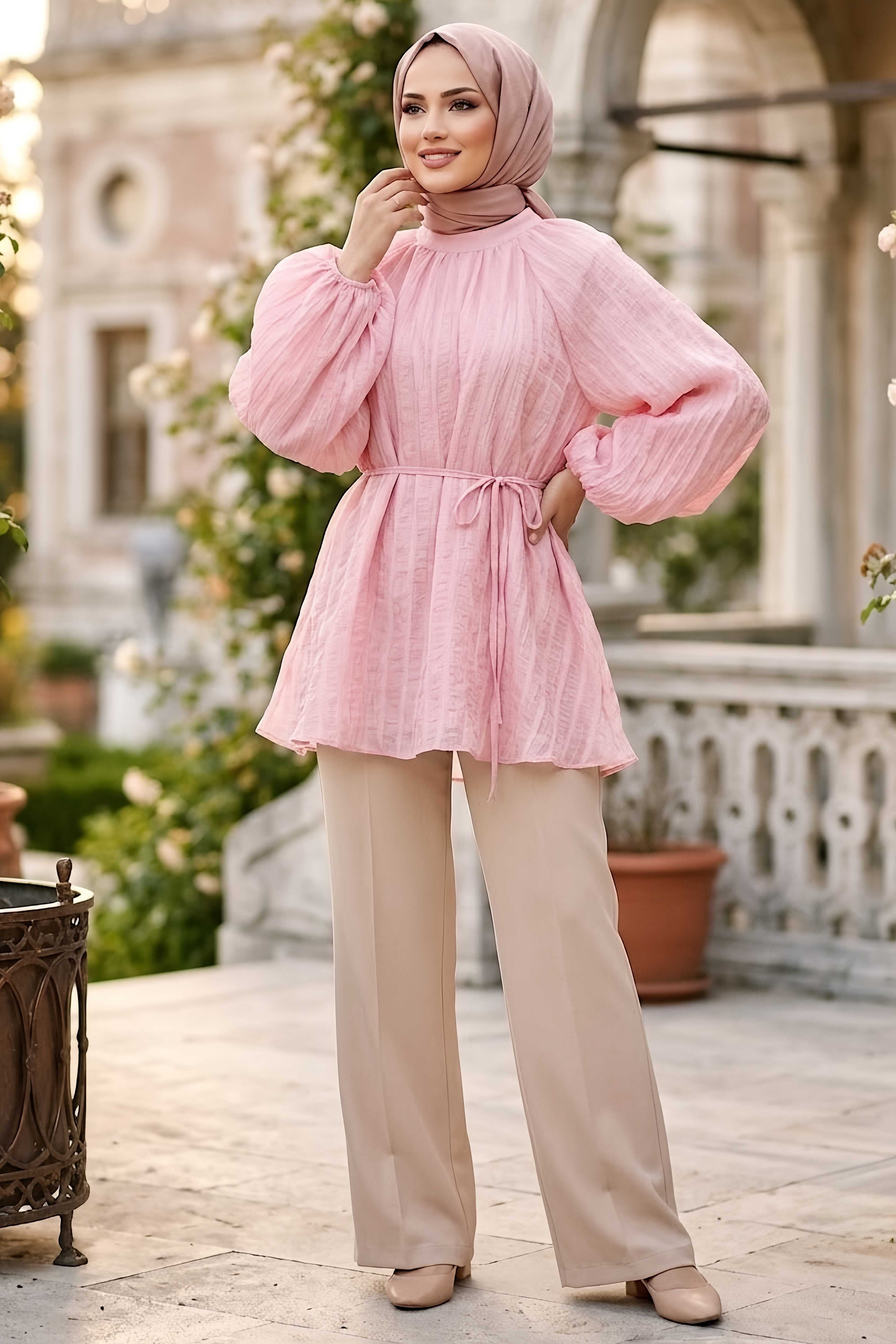 Çizgili Pileli C Yaka Tunik Pembe - 28772-PEMBE - 2