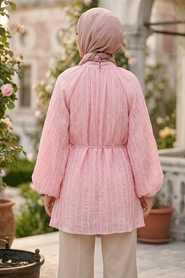 Çizgili Pileli C Yaka Tunik Pembe - 28772-PEMBE - 3
