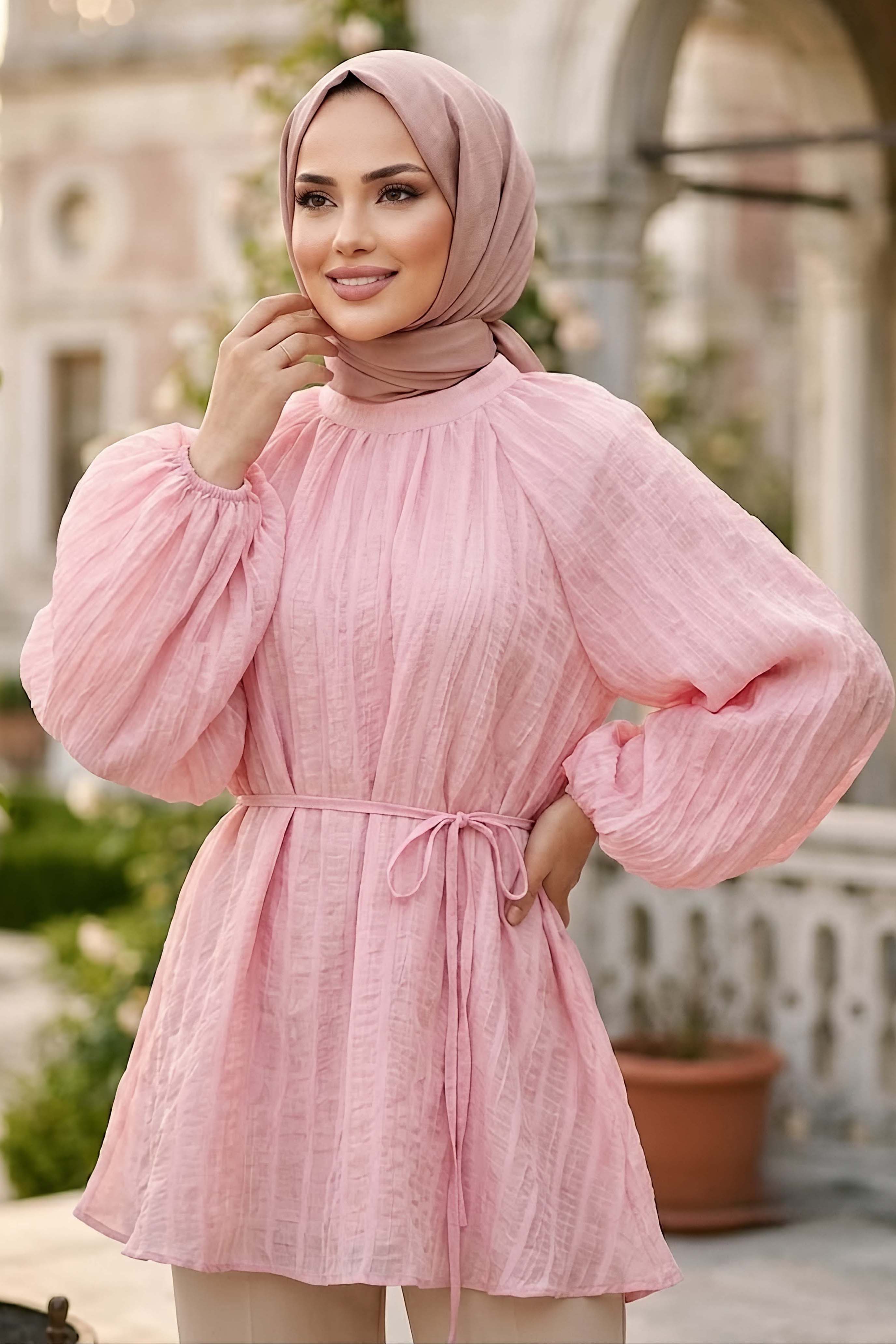 Çizgili Pileli C Yaka Tunik Pembe - 28772-PEMBE - 1