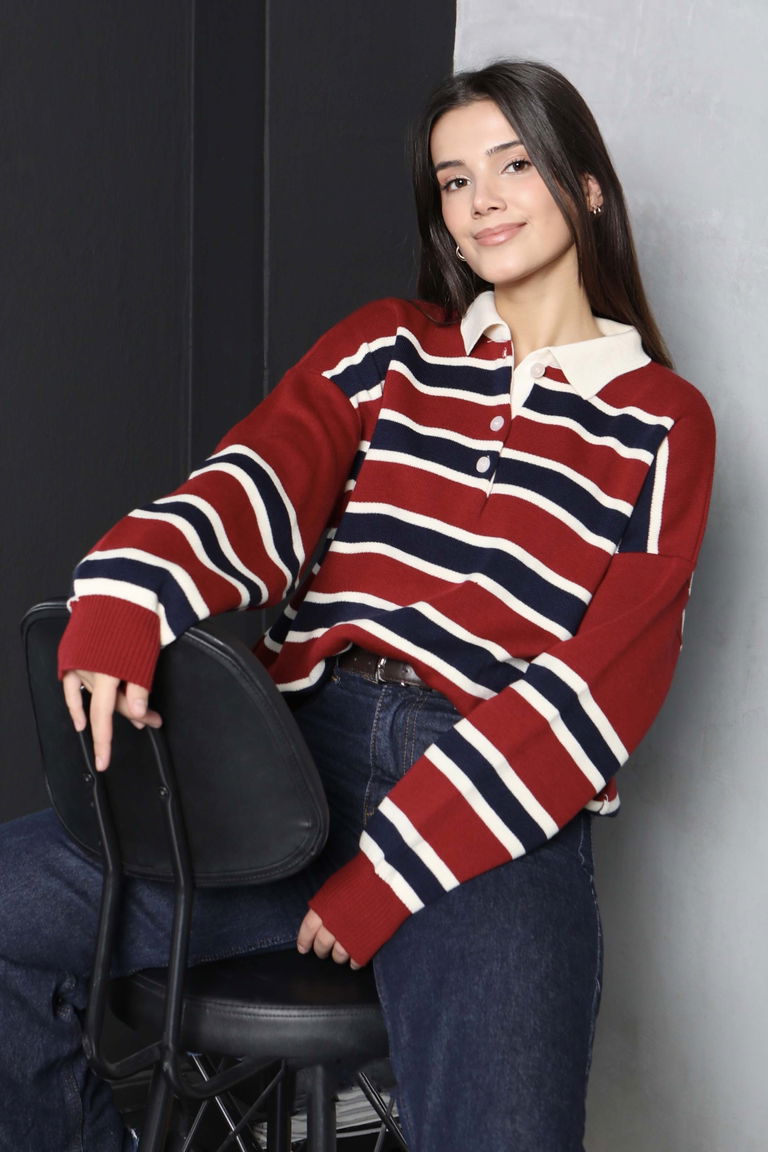 Çizgili Polo Yaka Triko Kazak - 27825-KIRMIZI - TOFİSA