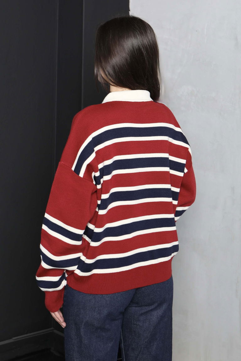 Çizgili Polo Yaka Triko Kazak - 27825-KIRMIZI - TOFİSA