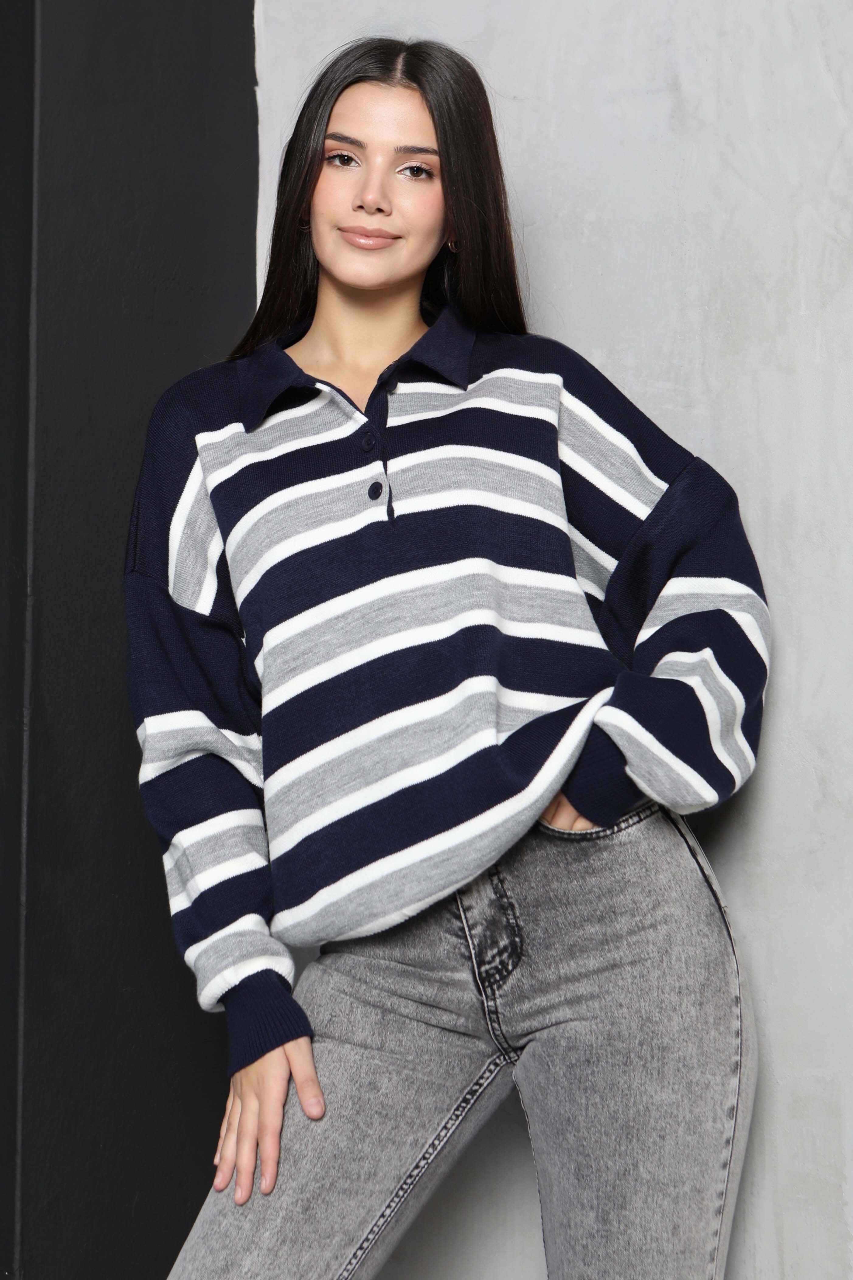 Çizgili Polo Yaka Triko Kazak - 27825-LACIVERT-EKRU - 2