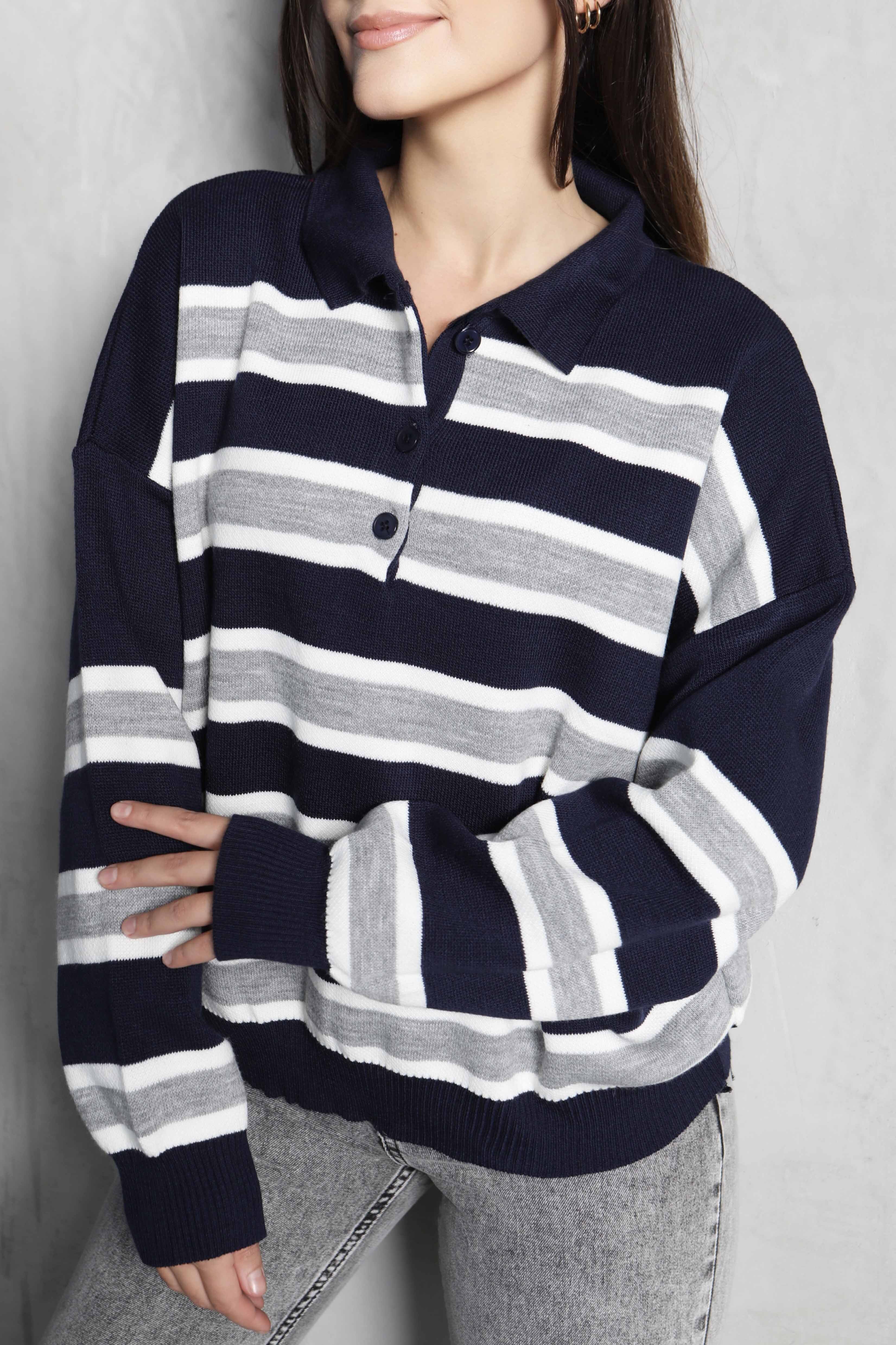 Çizgili Polo Yaka Triko Kazak - 27825-LACIVERT-EKRU - 5