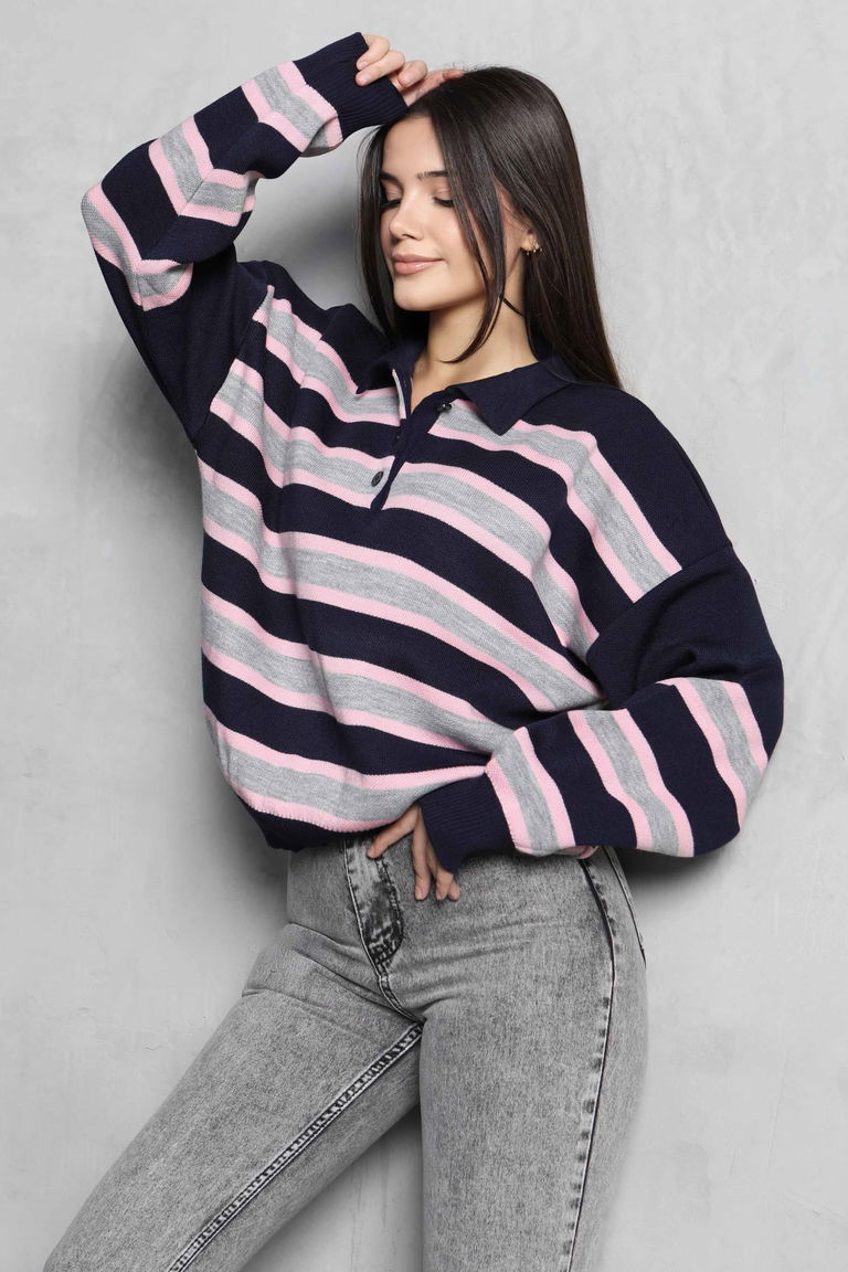 Çizgili Polo Yaka Triko Kazak - 27825-LACIVERT-PEMBE - TOFİSA