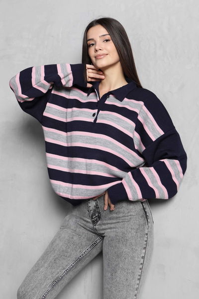 Çizgili Polo Yaka Triko Kazak - 27825-LACIVERT-PEMBE 