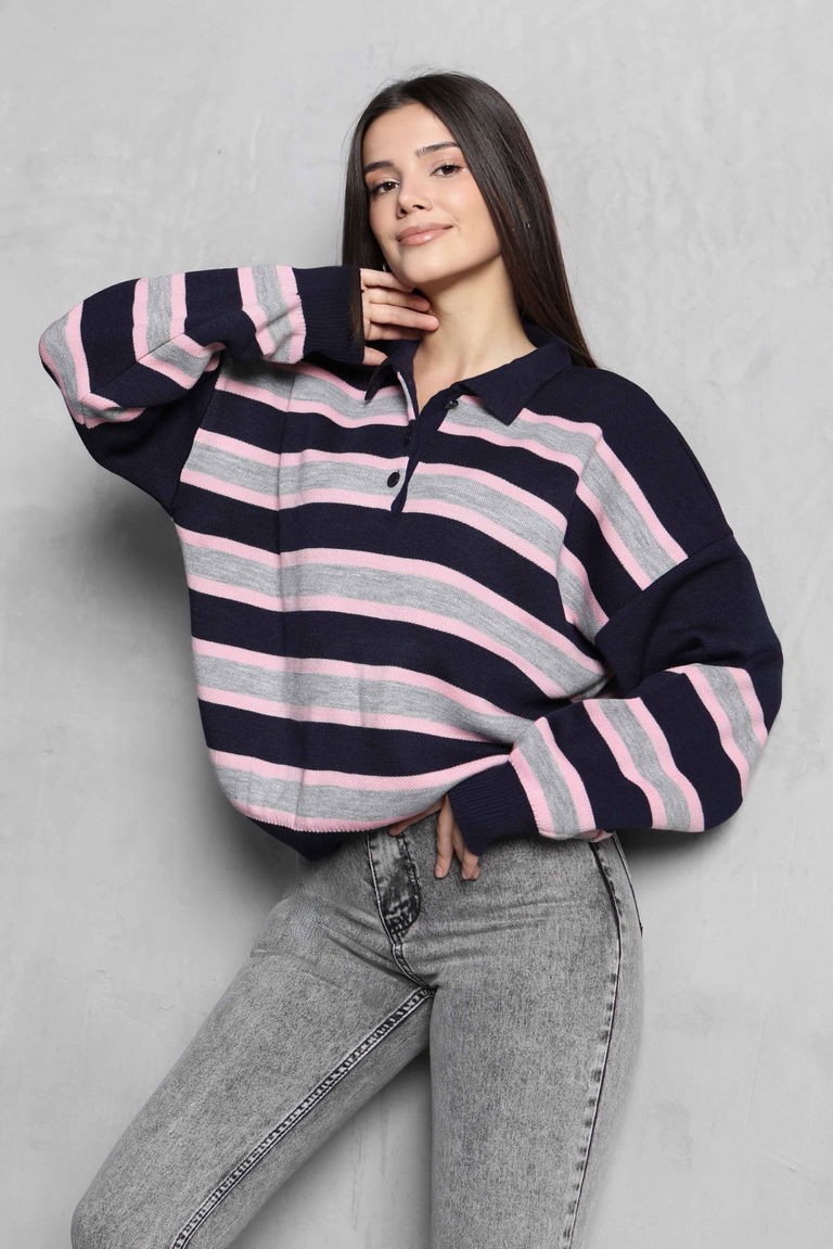 Çizgili Polo Yaka Triko Kazak - 27825-LACIVERT-PEMBE - TOFİSA