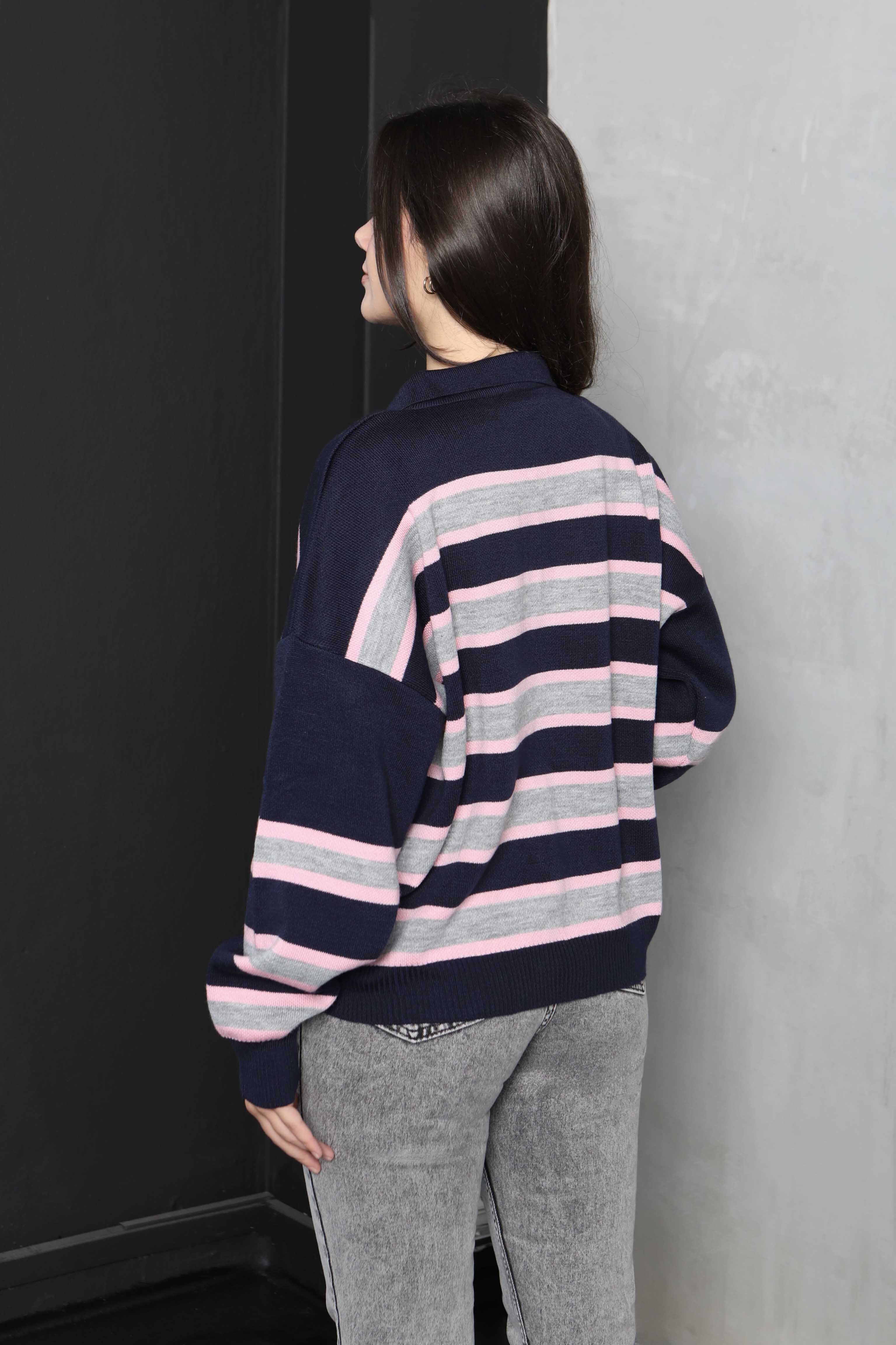 Çizgili Polo Yaka Triko Kazak - 27825-LACIVERT-PEMBE - 6