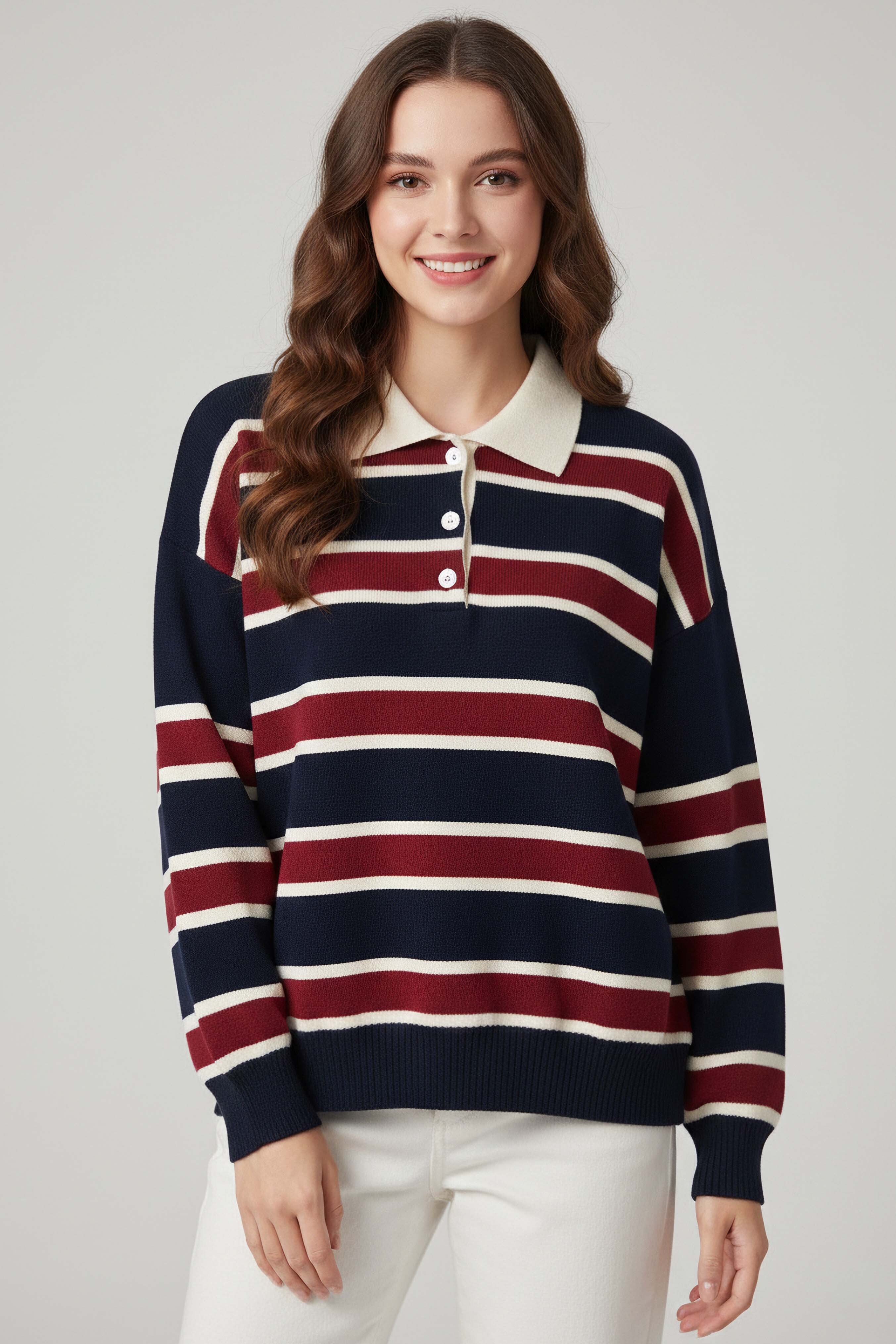 Çizgili Polo Yaka Triko Kazak - 27825-LACIVERT - 1