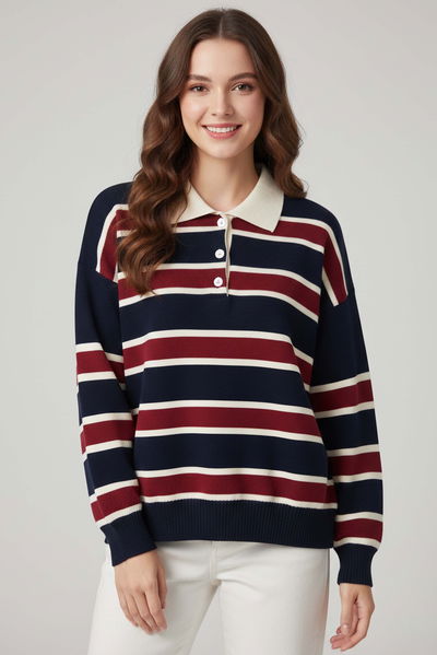 Çizgili Polo Yaka Triko Kazak - 27825-LACIVERT 