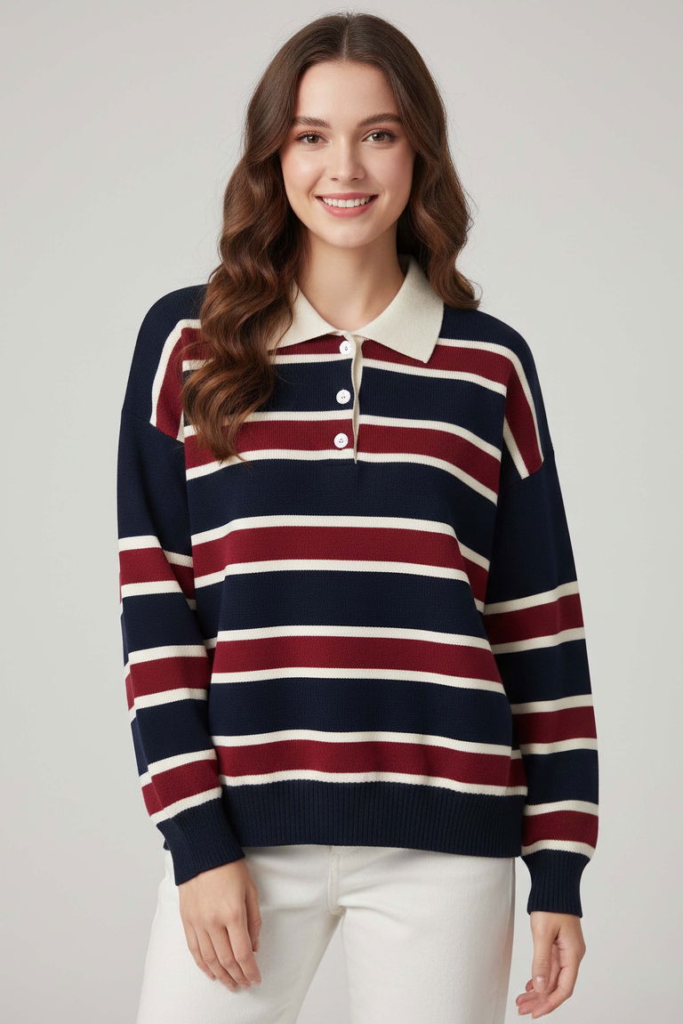 Çizgili Polo Yaka Triko Kazak - 27825-LACIVERT - TOFİSA