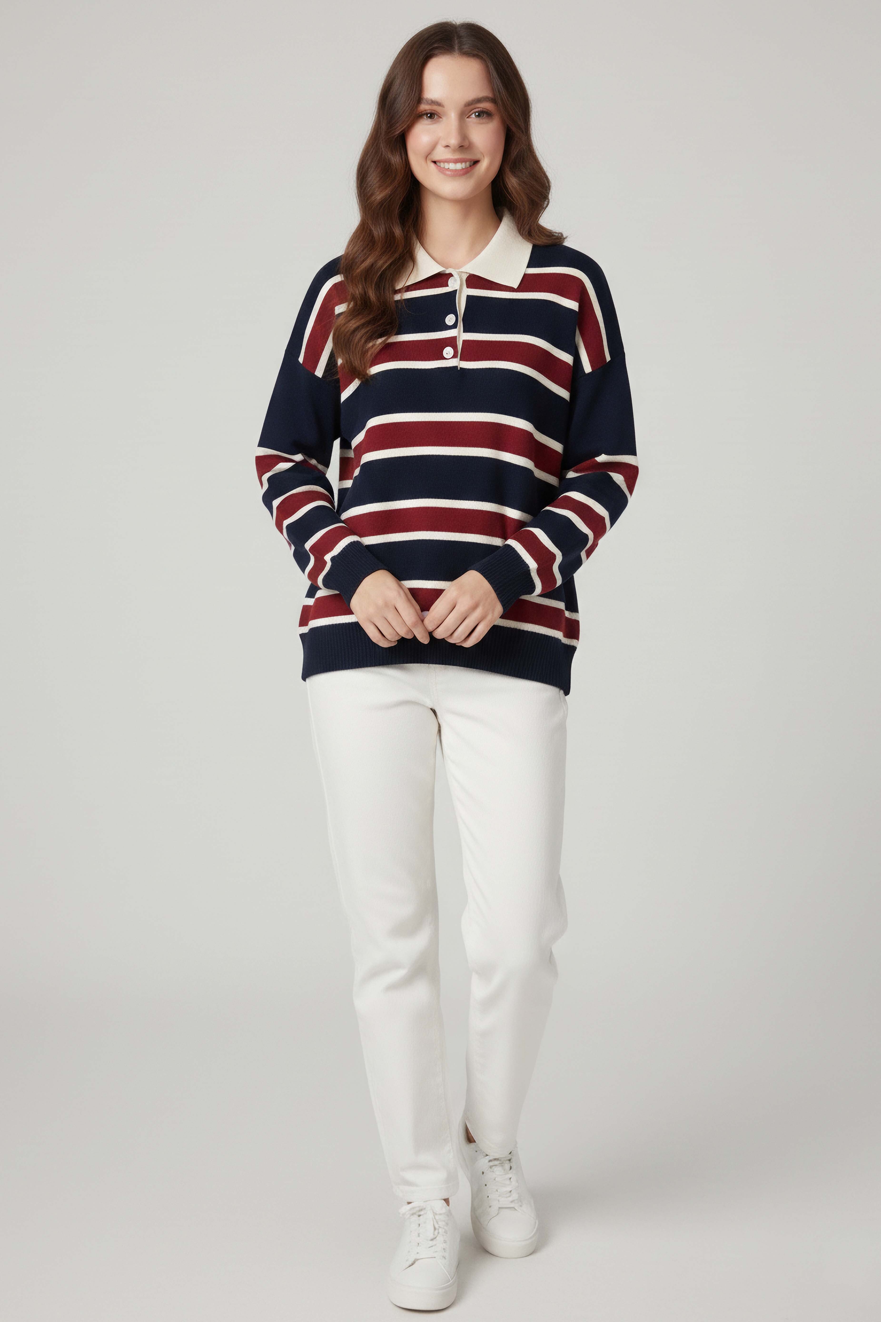 Çizgili Polo Yaka Triko Kazak - 27825-LACIVERT - 2