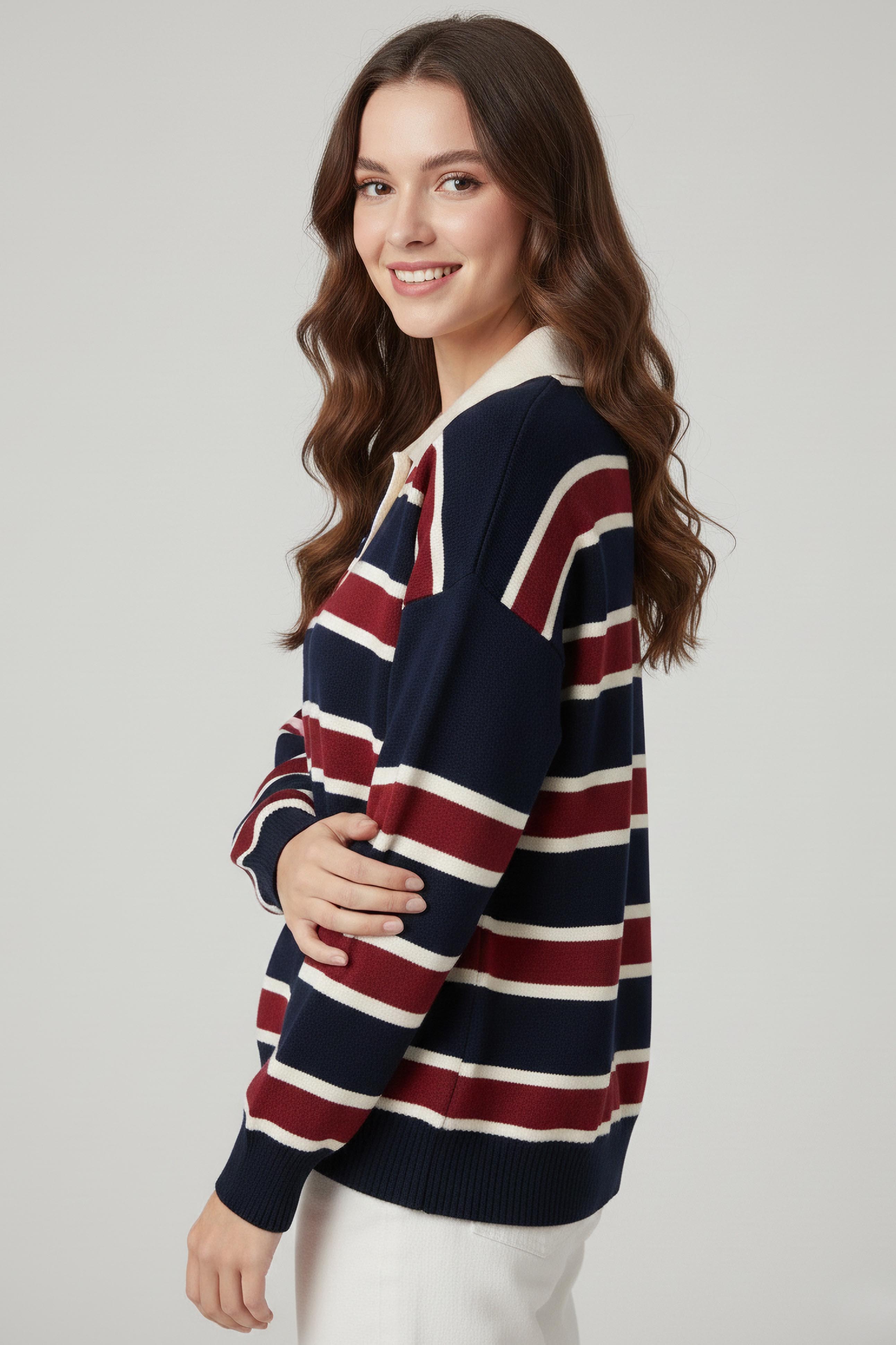 Çizgili Polo Yaka Triko Kazak - 27825-LACIVERT - 3