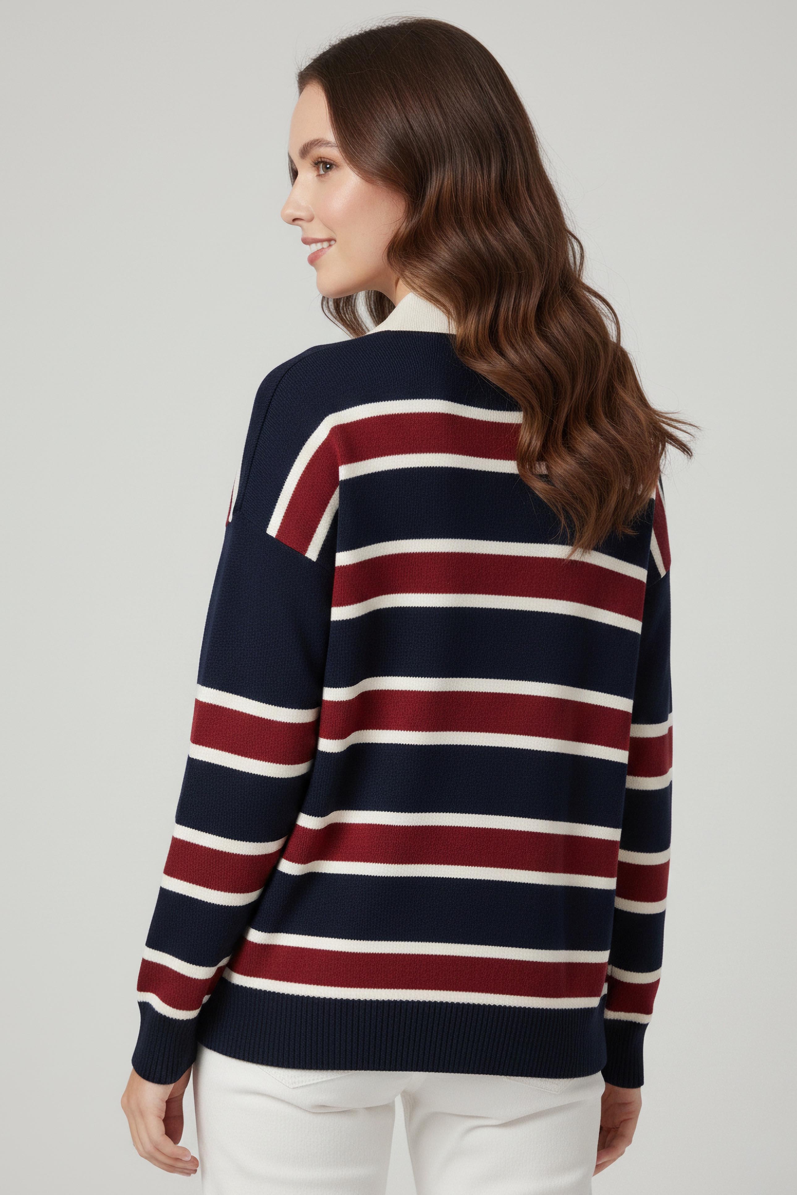 Çizgili Polo Yaka Triko Kazak - 27825-LACIVERT - 4