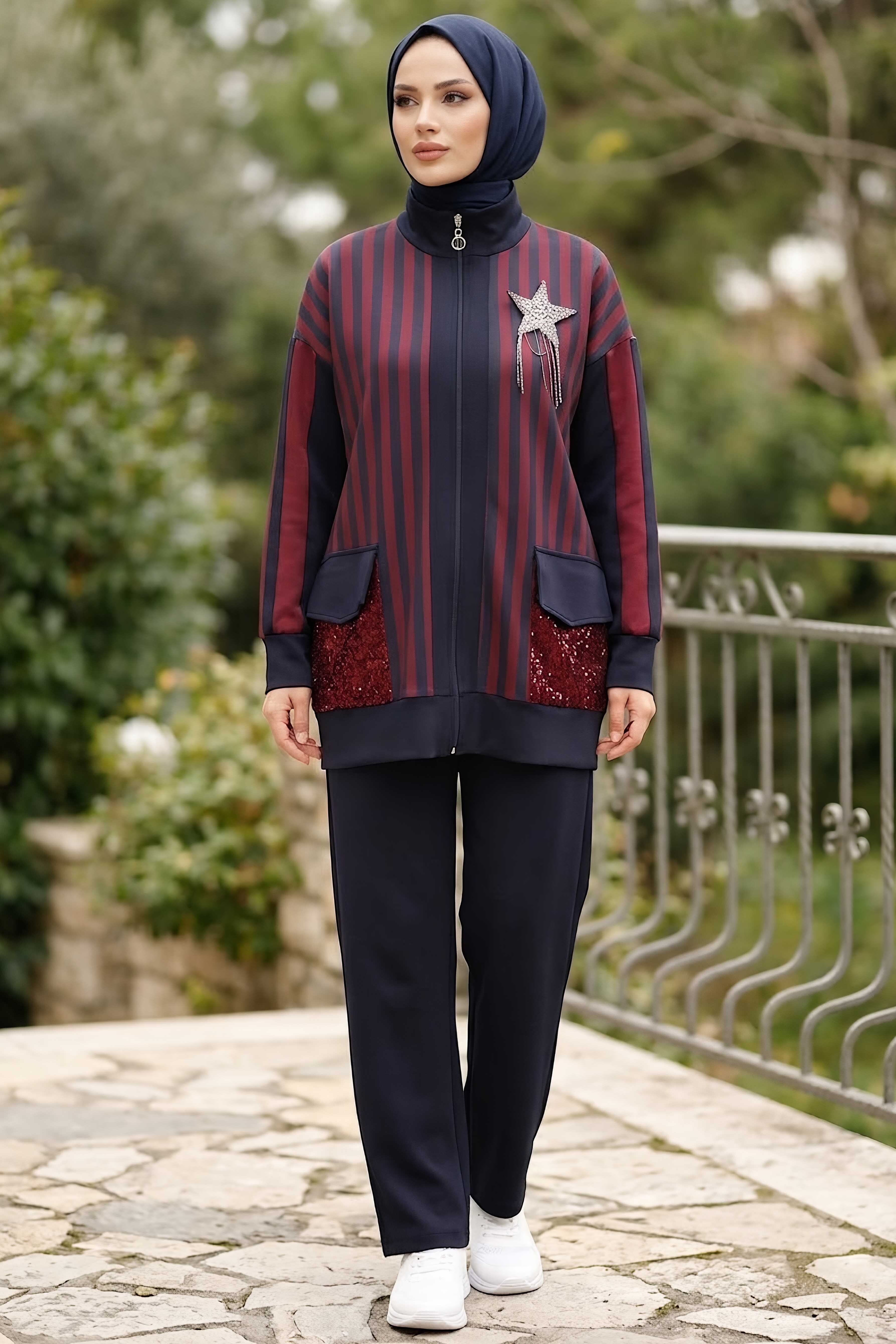 Çizgili Pullu Cepli İkili Takım Bordo - 28821-BORDO - 1