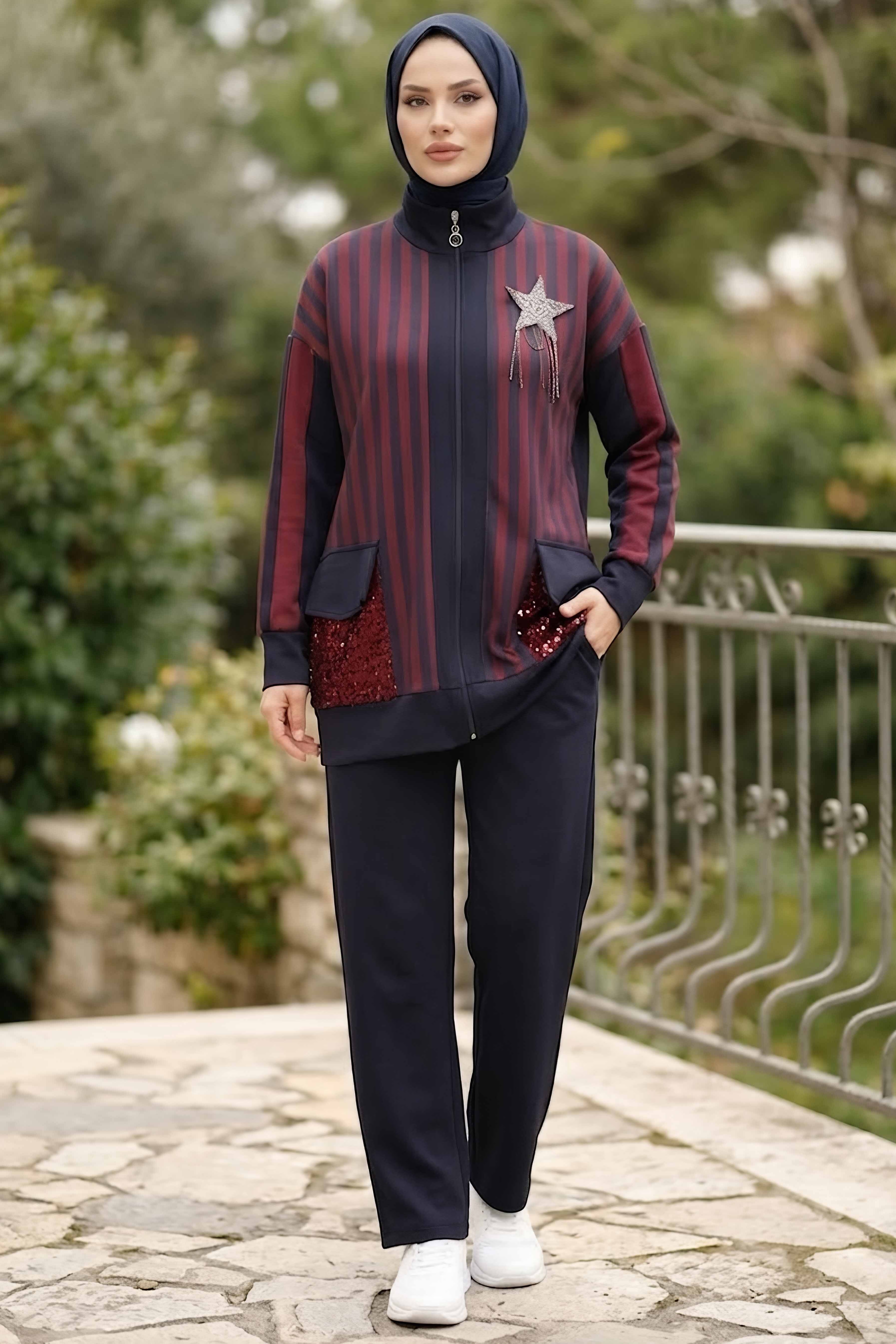 Çizgili Pullu Cepli İkili Takım Bordo - 28821-BORDO - 2