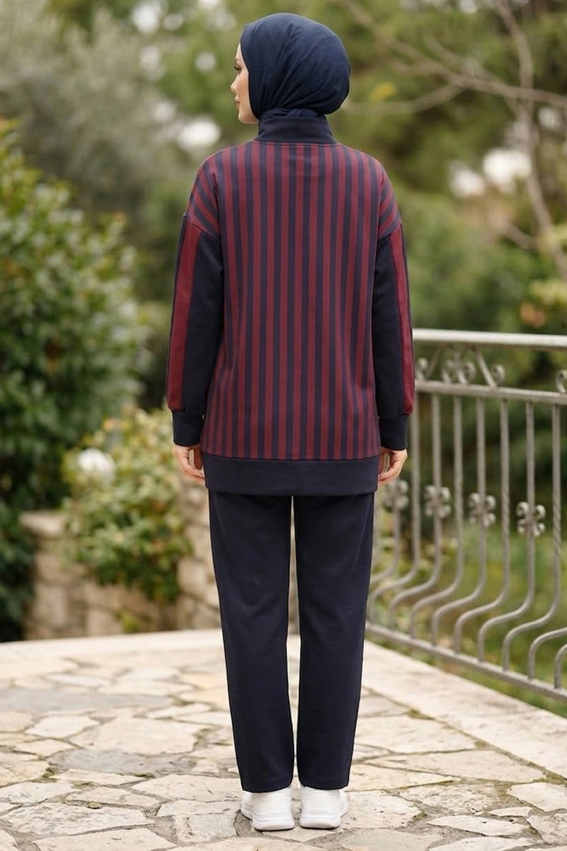Çizgili Pullu Cepli İkili Takım Bordo - 28821-BORDO - 3