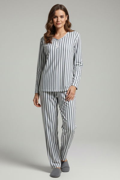 Çizgili Süet Pijama Takımı - 28057-GRI 