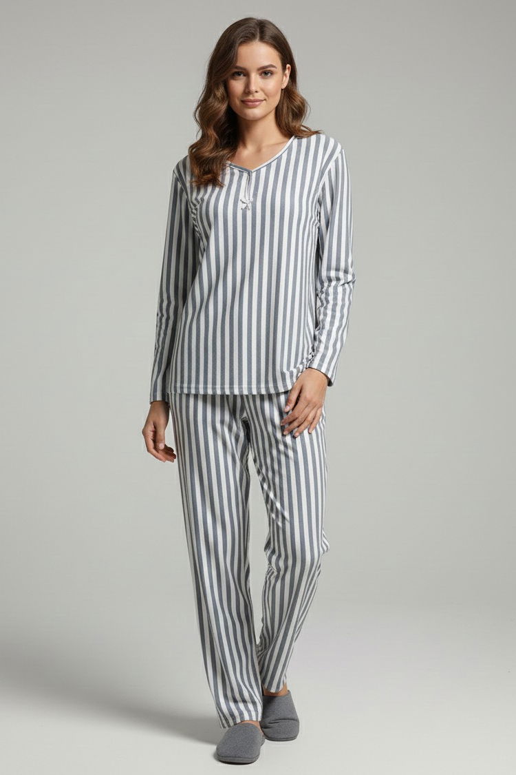 Çizgili Süet Pijama Takımı - 28057-GRI - TOFİSA